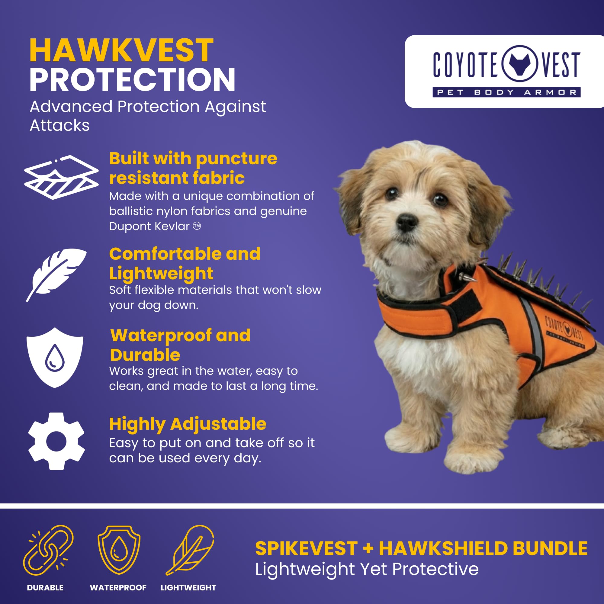 CoyoteVest HawkVest Dog Harness Bundle | Includes SpikeVest & HawkShield Release Pad | Stab-Resistant Protection from Coyotes, Aggressive Dogs & Birds of Prey | Made in USA