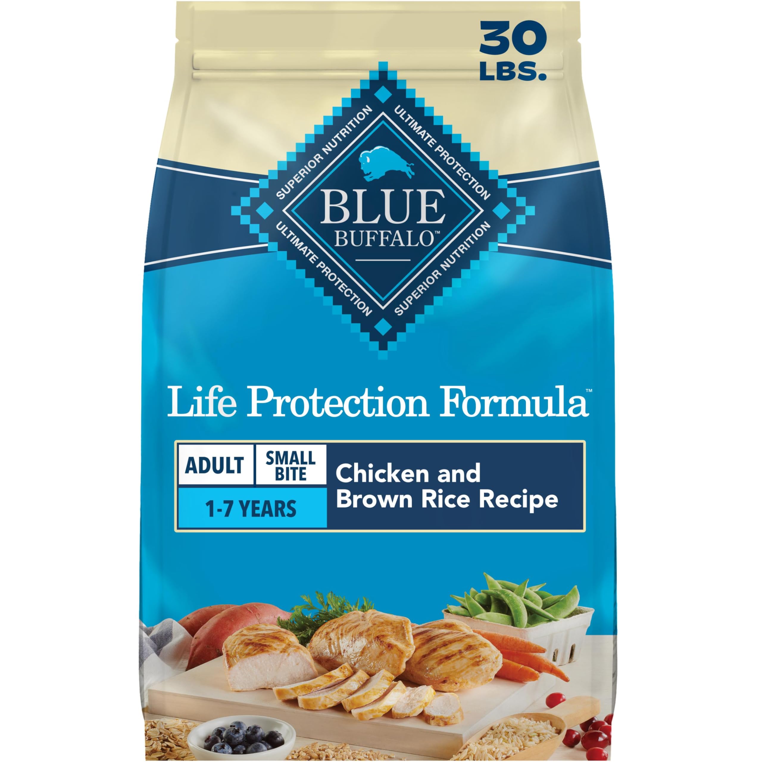 Blue Buffalo Life Protection Formula Chicken & Brown Rice Small Bite Adult Dry Dog Food, Supports Immunity with Antioxidant-Rich LifeSource Bits, Promotes Healthy Muscles, Skin & Coat Health, 30 lbs.
