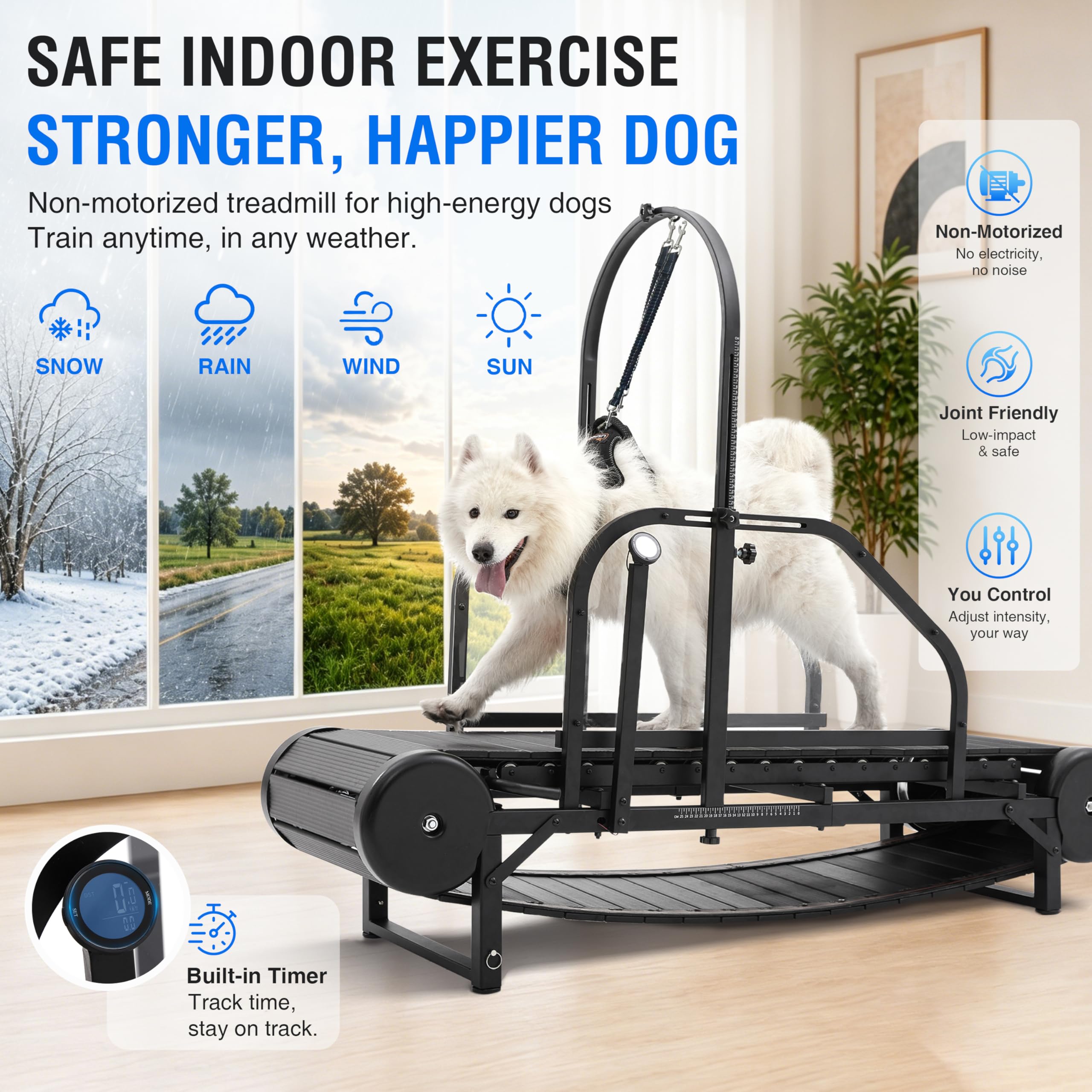 Moysoon Non-Motorized Dog Treadmill for Large Dogs with Pedometer, Wide Running Slatmill, Self-Powered with Brake, 5-Level Incline, Heavy Duty Slatmill for Indoor Exercise Equipment