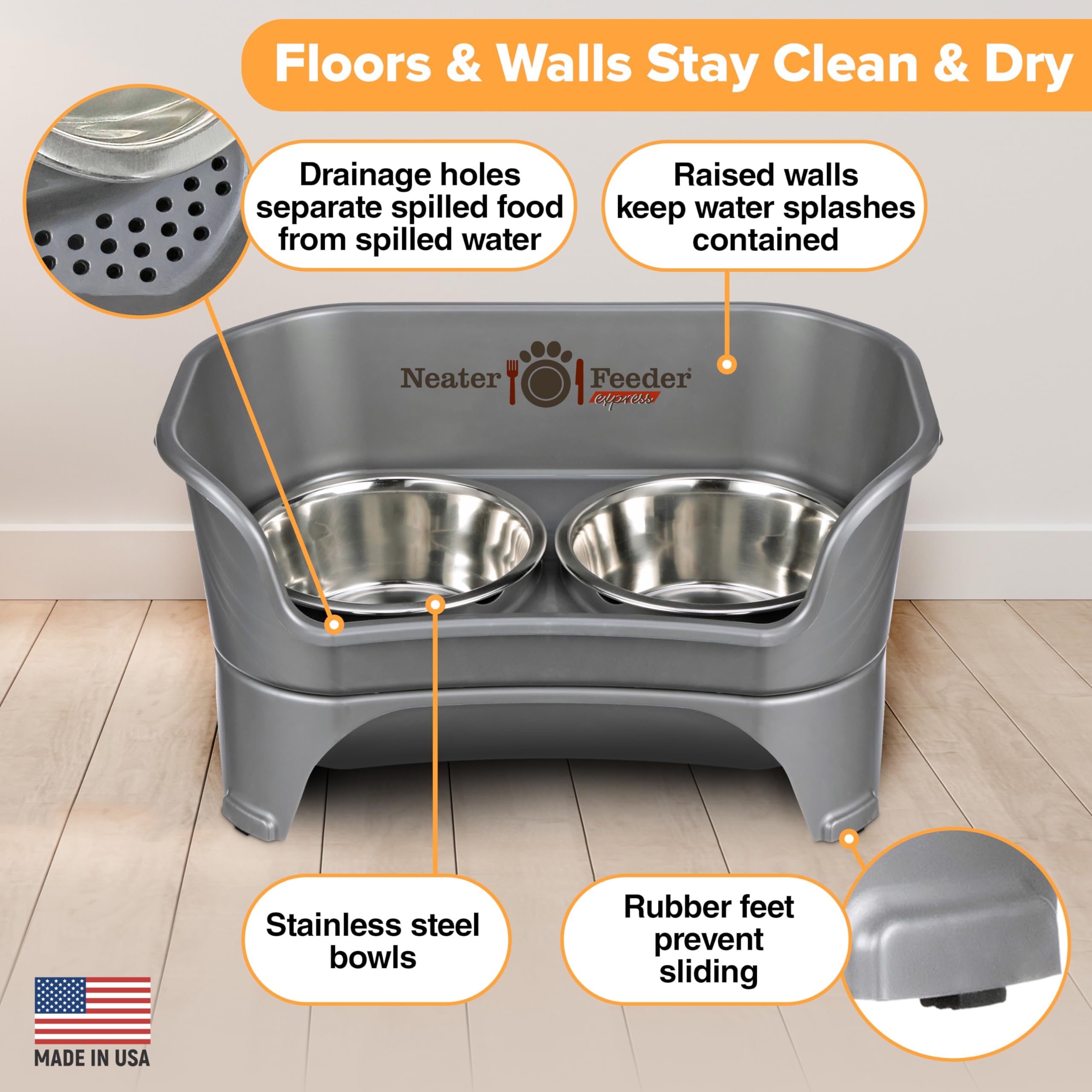 Neater Feeder Express Mess Proof Dog Bowls Elevated for Medium to Large Sized Breed, No Spill Raised Dog Food Bowl Stand, Stainless Steel Food and Water Bowl Set, Pet Dish Feeding Station, Grey