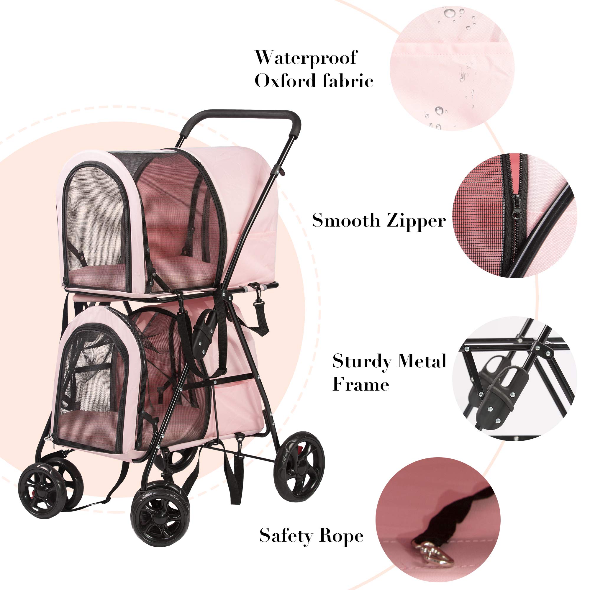 LONABR Folding Dog Stroller 3-in-1 Double Pet Stroller Detachable Carrier Bags - Large 4 Wheels Jogger - for Pet Cat Kitten Puppy Carriages(Pink - 2 cage)