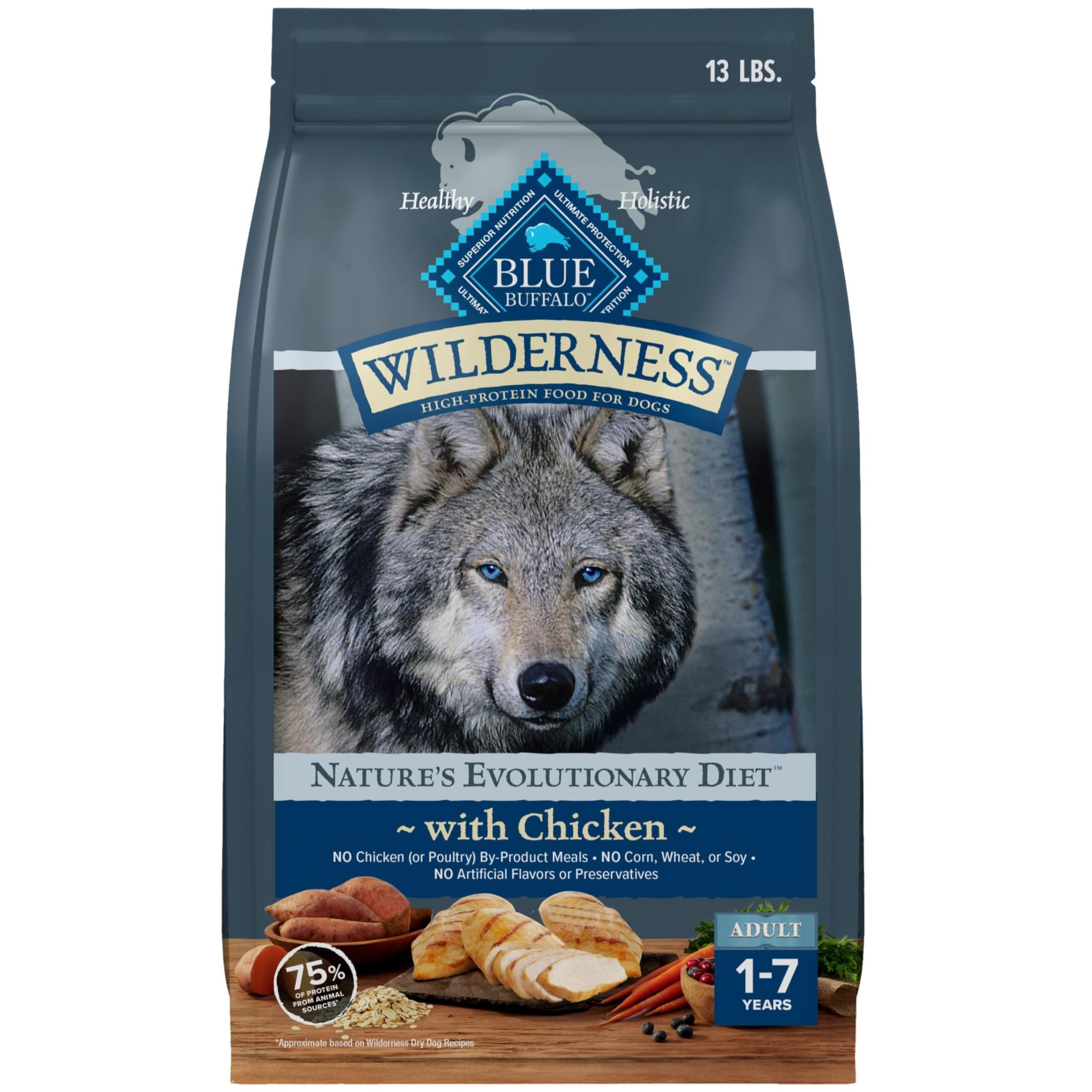 Blue Buffalo Wilderness Natural High-Protein Dry Food for Adult Dogs, Chicken Recipe, 13-lb. Bag