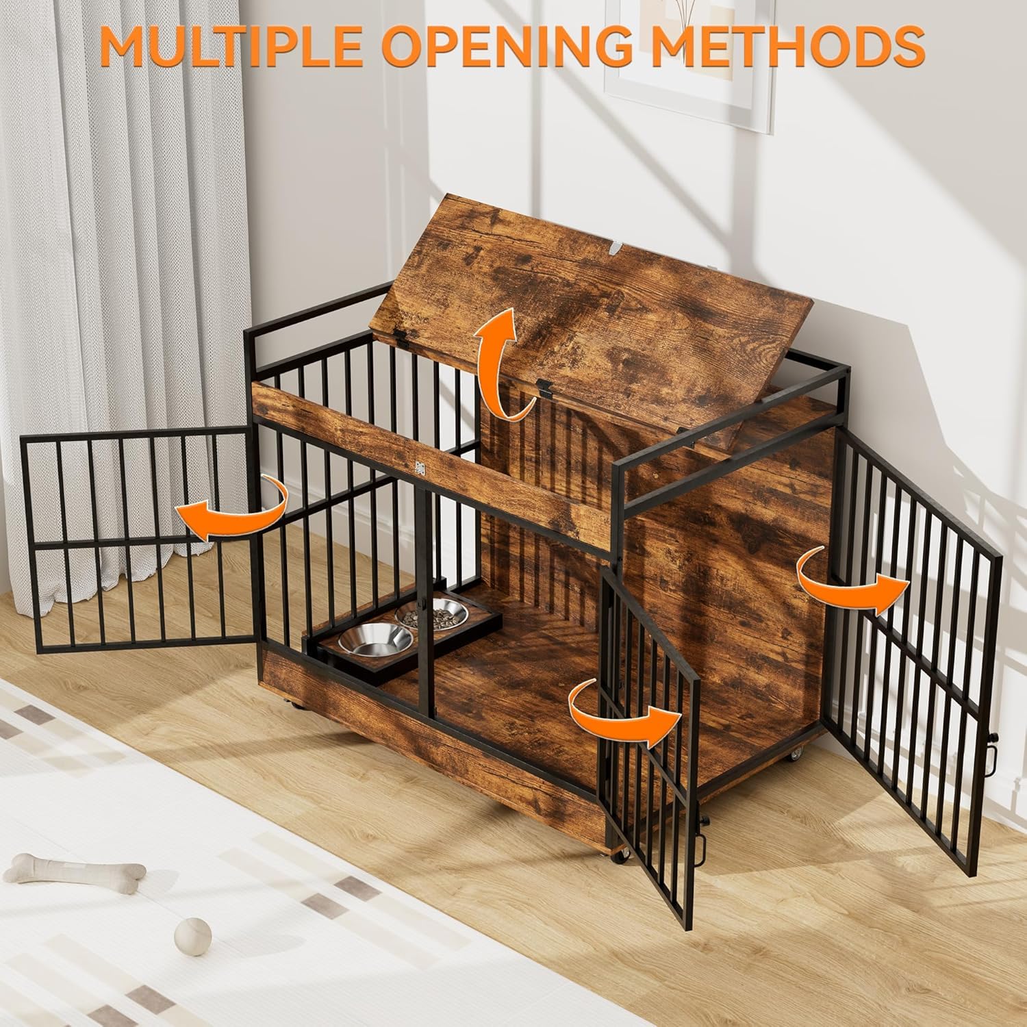 NEWBULAND 45 Inch Dog Crate Furniture for Large Dog with 2 Stainless Steel Bowls, Heavy Duty Dog Kennel Indoor, Large Wooden Dog Crate Table for Decorate House As TV Stand, End Table