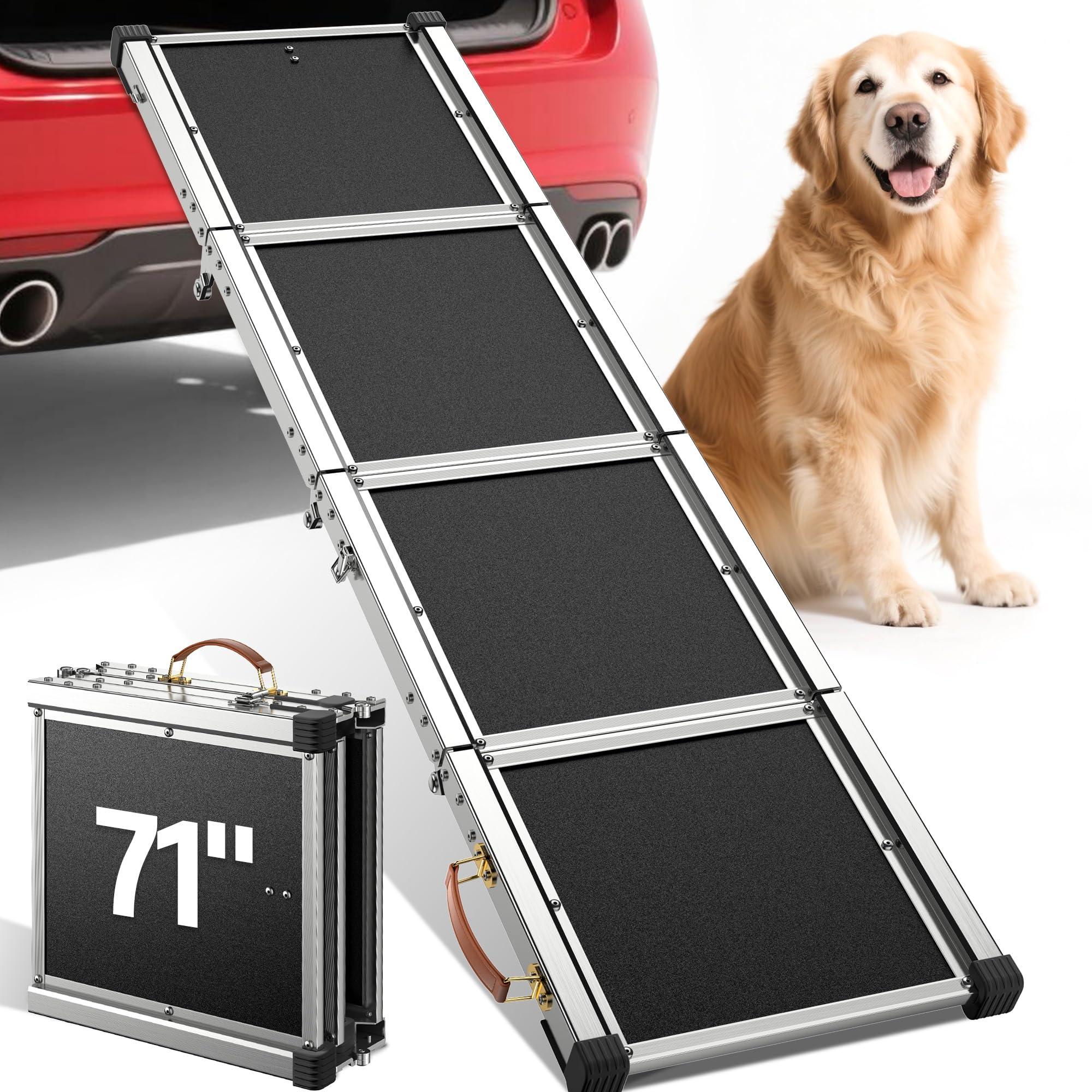 71" Aluminum Alloy Dog Ramp for Car SUV Truck Side Door, Foldable Outdoor Pet Ramp with Heavy Duty Steel Hinges, Non-Slip Traction Surface, Sturdy Ramp for Large Dogs Up to 200 LBS