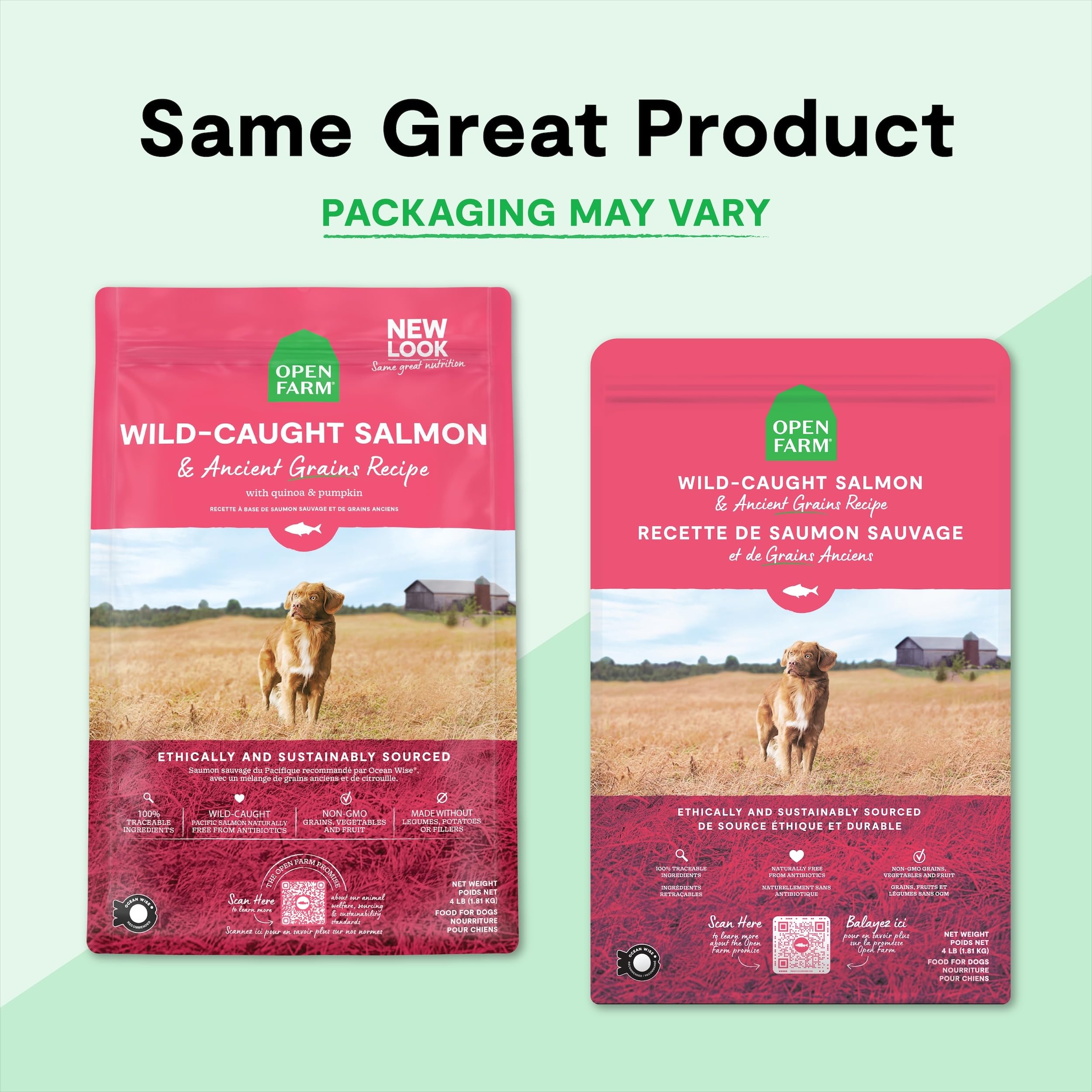 Open Farm, Ancient Grains Dry Dog Food, Protein-Rich & Nutrient Dense, 90% Animal Protein Mixed with Non-GMO Fruits, Veggies and Superfoods, Wild Caught Salmon Recipe, 22lb Bag