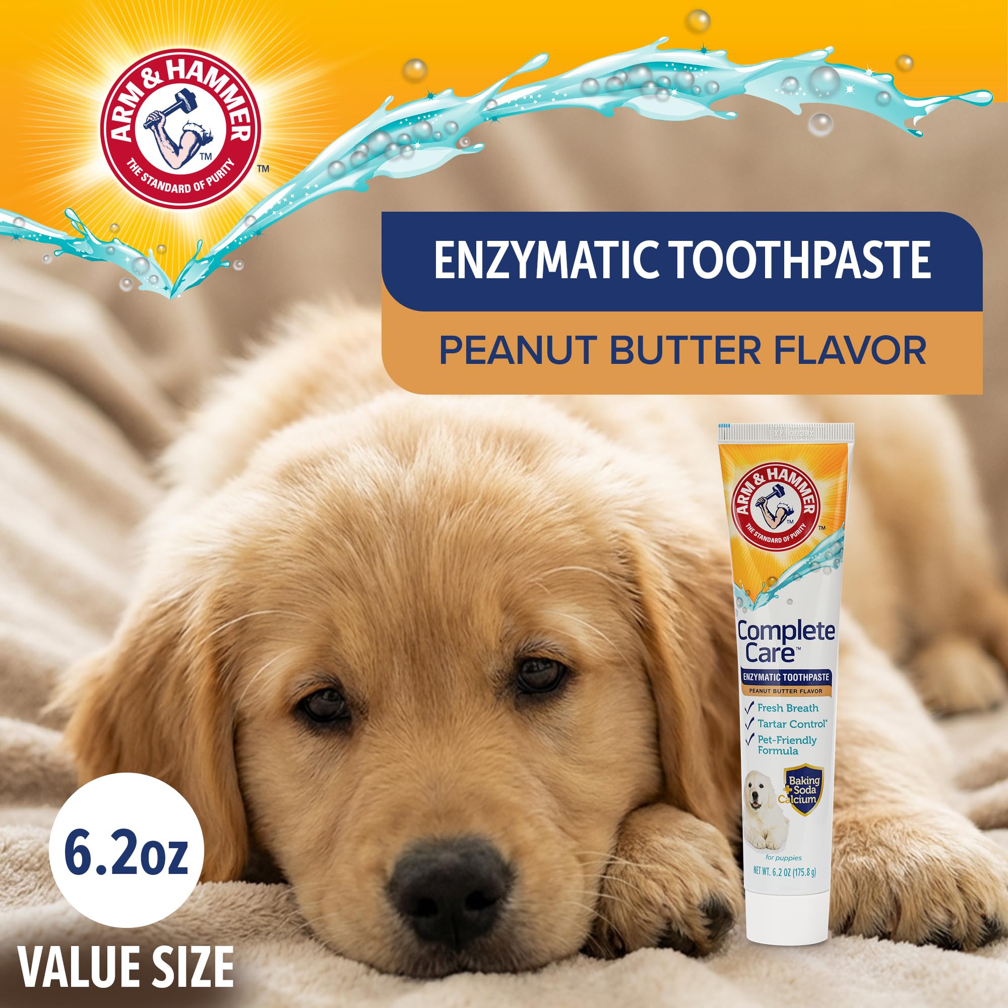 Arm & Hammer Complete Care Enzymatic Dog Toothpaste, Peanut Butter Flavor, Baking Soda and Calcium, Enzymatic Tartar Control Formula, Non-Toxic, Fluoride Free, 6.2 Oz