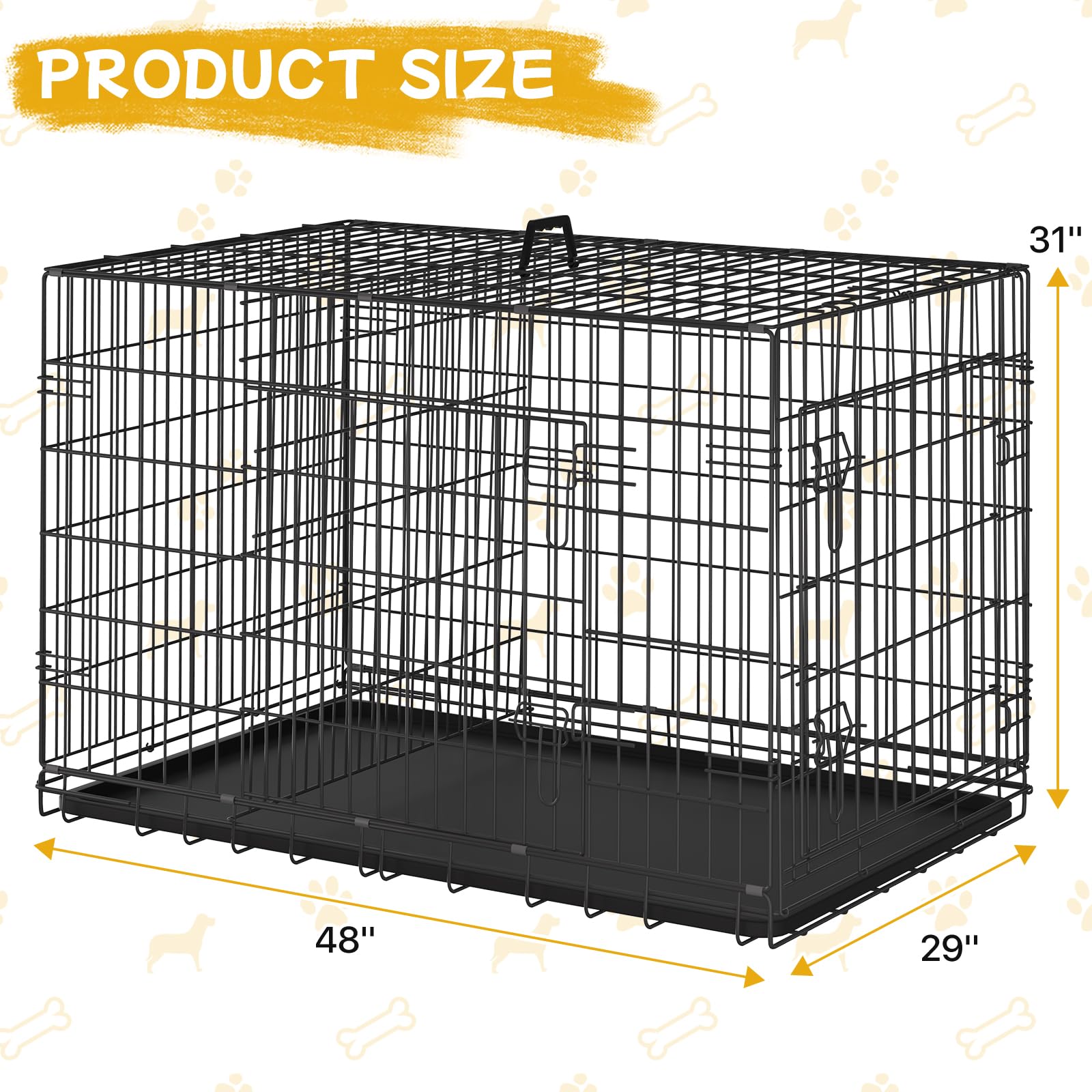 48 Inch Large Dog Crate, Wire Metal Dog Kennel with Double-Door, Divider & Leak-Proof Tray, Indoor Outdoor Foldable Travel Cage for Medium, Large Dogs