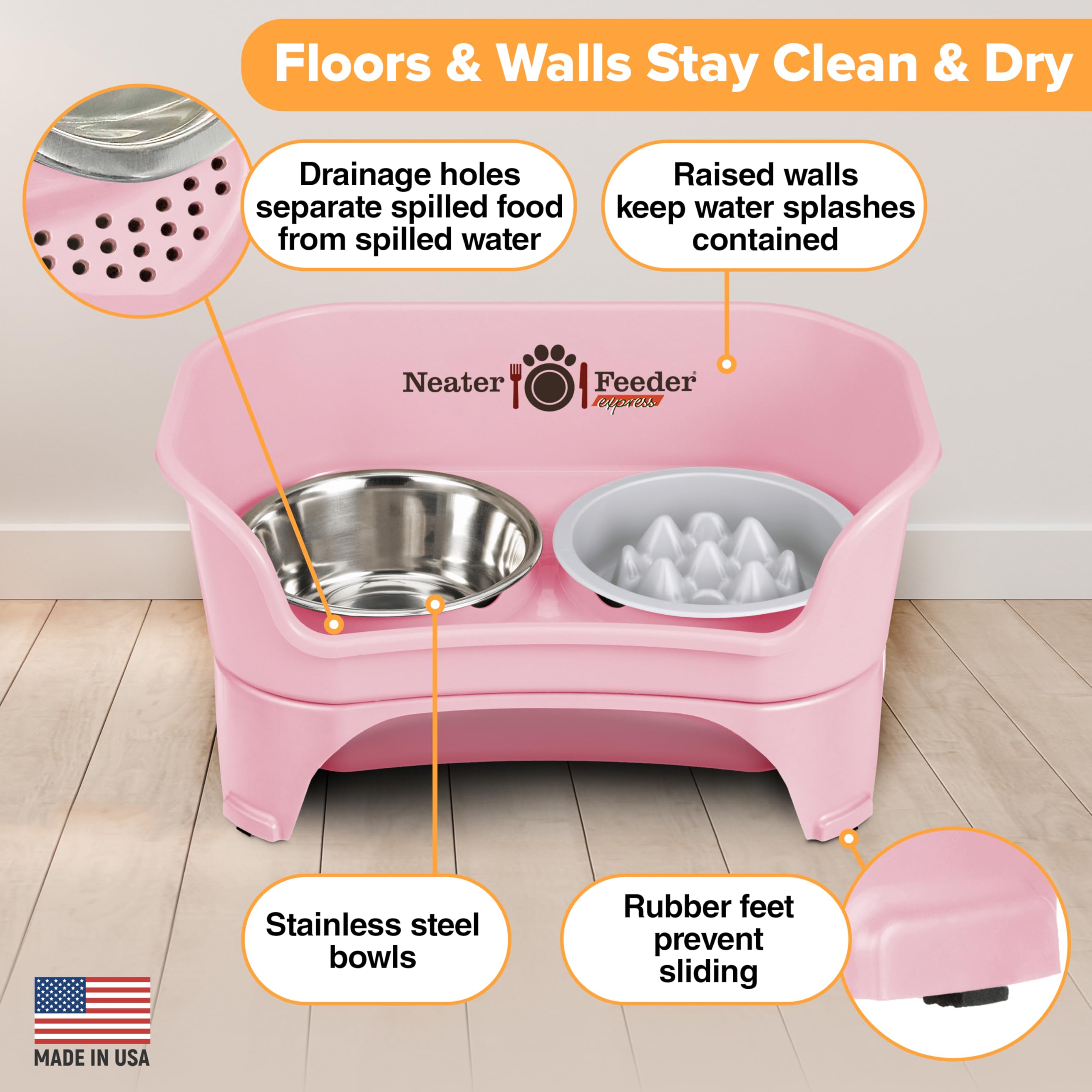 Neater Feeder Express Mess Proof Dog Bowls Elevated for Medium and Large Breed – Made in USA – No Spill Raised Slow Feeder Elevated Dog Bowl Stand, Slow Feed Food and Water Bowl Set, Pink