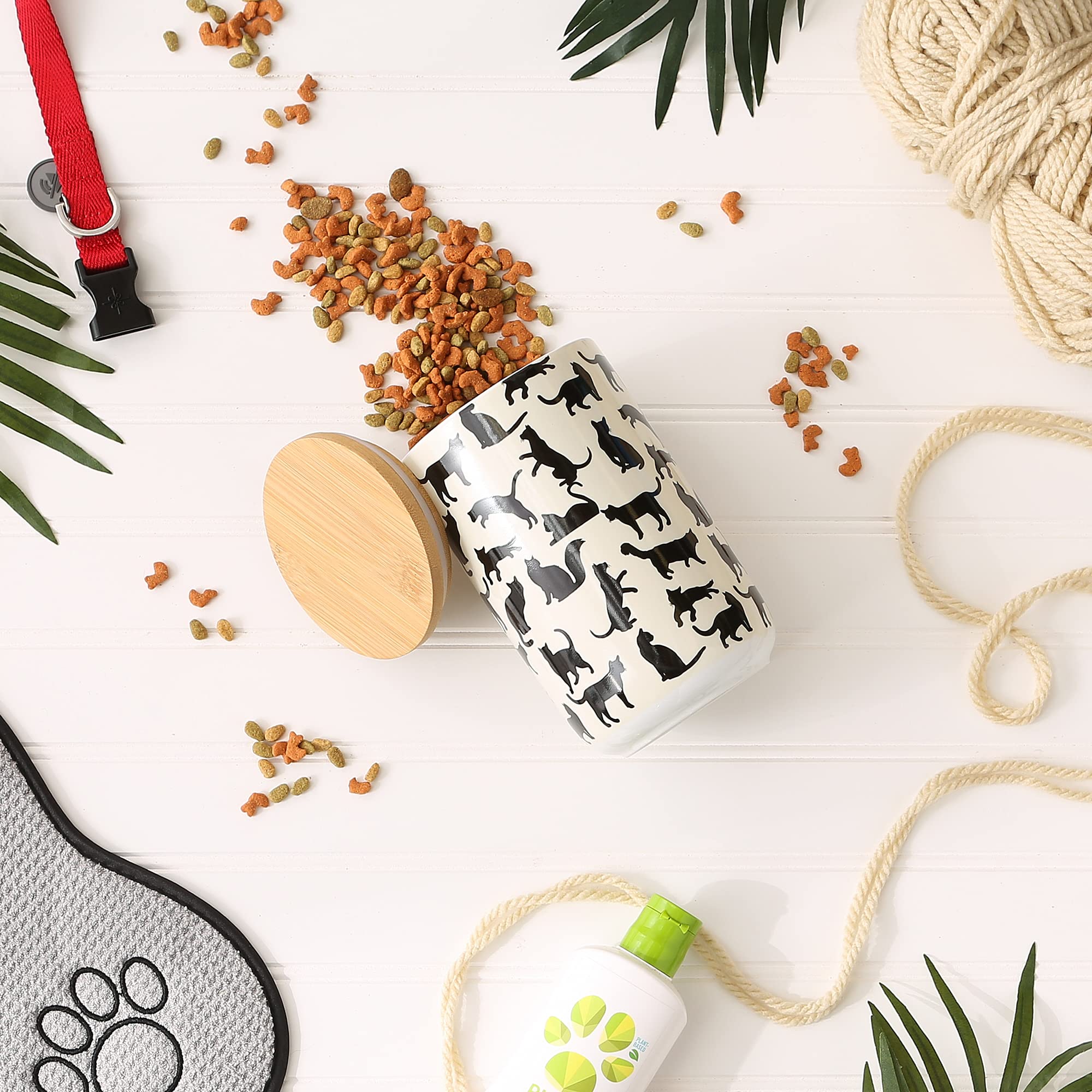 Bone Dry Ceramic Treat Jar for Cats and Dogs, Bamboo Lid, Dishwasher Safe Canister, 4x6.5", Black/White, Cat Treats