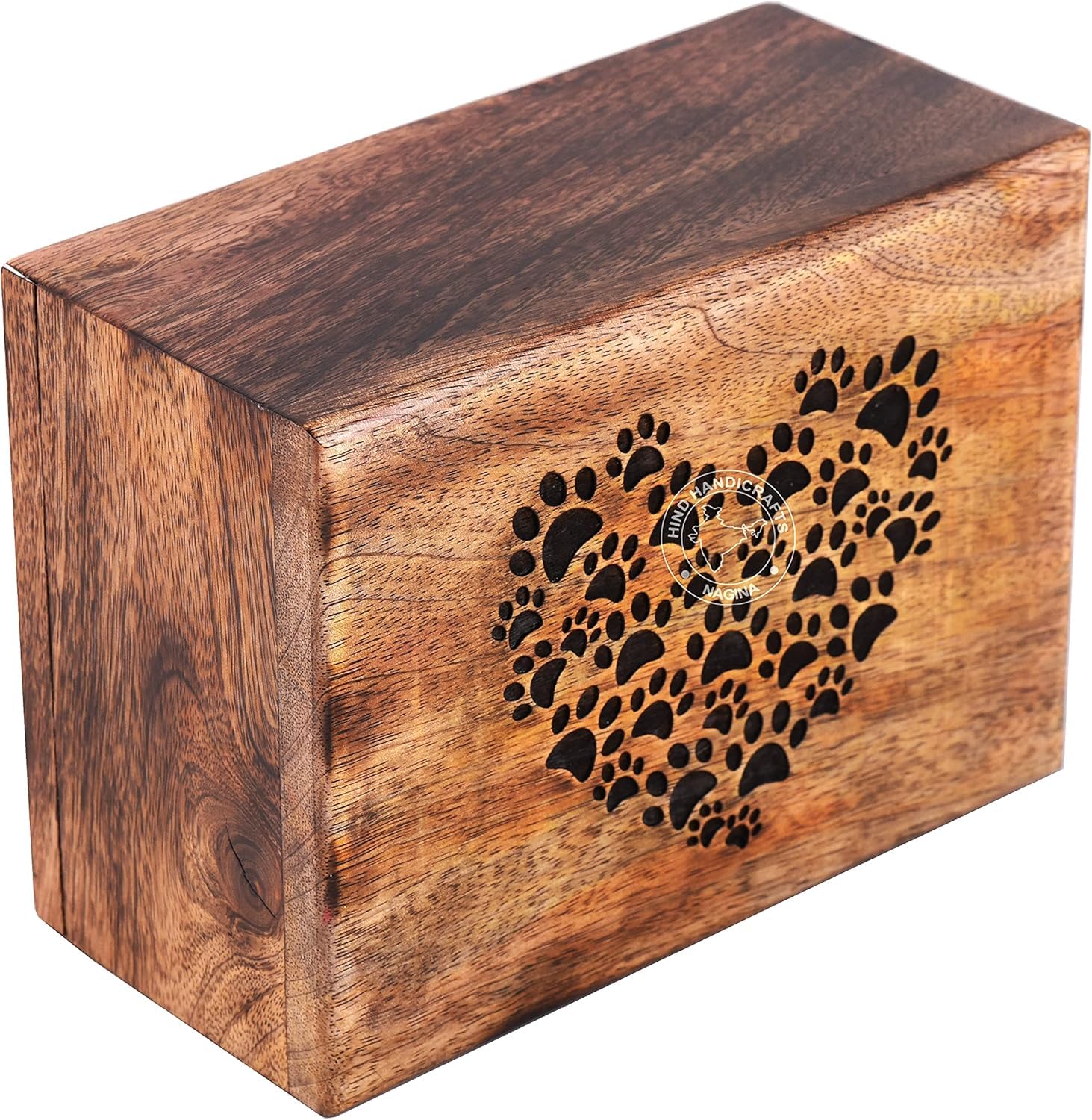 Hind Handicrafts Antique Paw Engraved Mangowood Pet Urn for Dogs Cats Memorial Keepsake Urns for Ashes, Photo Wooden Box Cremation Urn (100 Cubic in, Heart Paw)