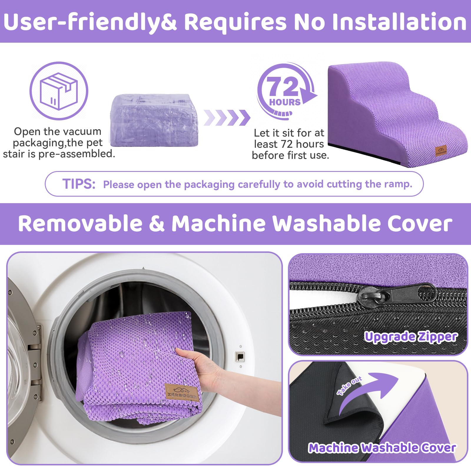 Zerbuger Dog Ramp and Stair for Bed 16" H-20 H,3-Step Cat Stair for Sofa and Chair,4-Step Dog Ramp for High Bed and Window,Durable Nonslip Fabric Stair for Indoor (Purple-16 H, Pet Friendly, 3)