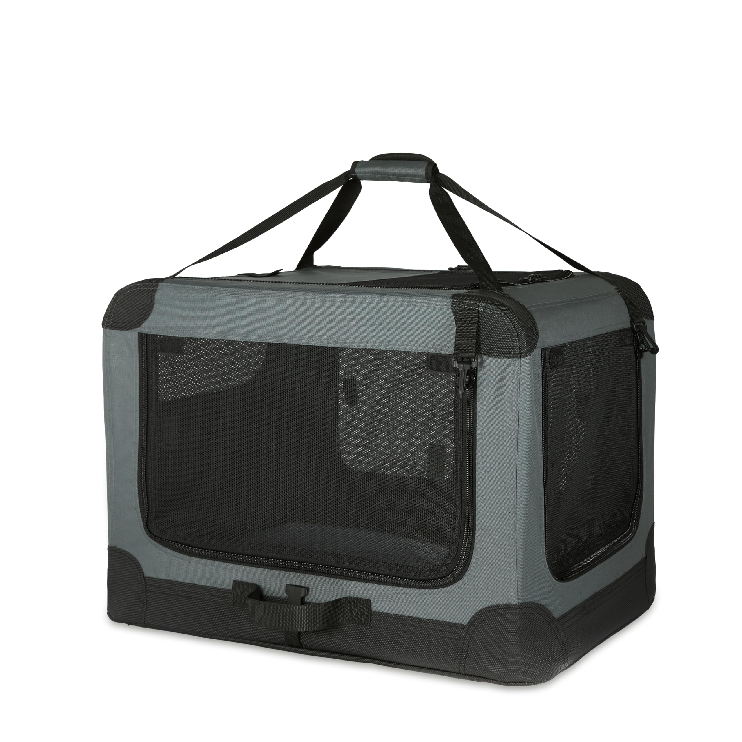 Amazon Basics Portable Folding Soft Dog Crate, 4-Doors, Collapsible Travel Kennel for Cat, Dog, and Small Animals, Quick Setup, Small 26" x 18" x 18", Grey