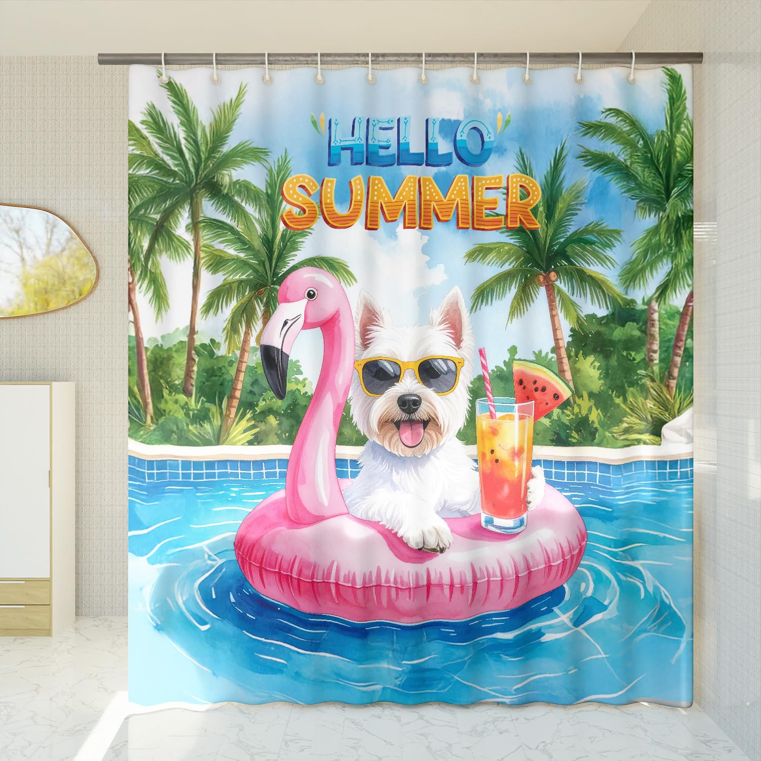 Ninety3POD Hello Summer West Highland White Terrier at Swimming Pool Flamingo Swim Ring Shower Curtain Westie Westy Dog Lover Waterproof Bathroom Bathtub Curtain 12009