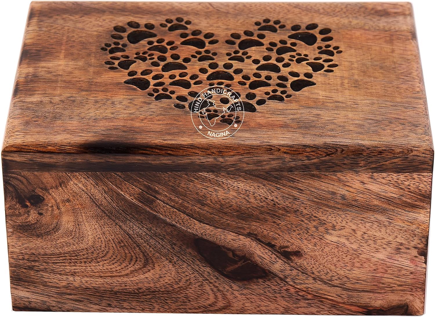 Hind Handicrafts Antique Paw Engraved Mangowood Pet Urn for Dogs Cats Memorial Keepsake Urns for Ashes, Photo Wooden Box Cremation Urn (100 Cubic in, Heart Paw)