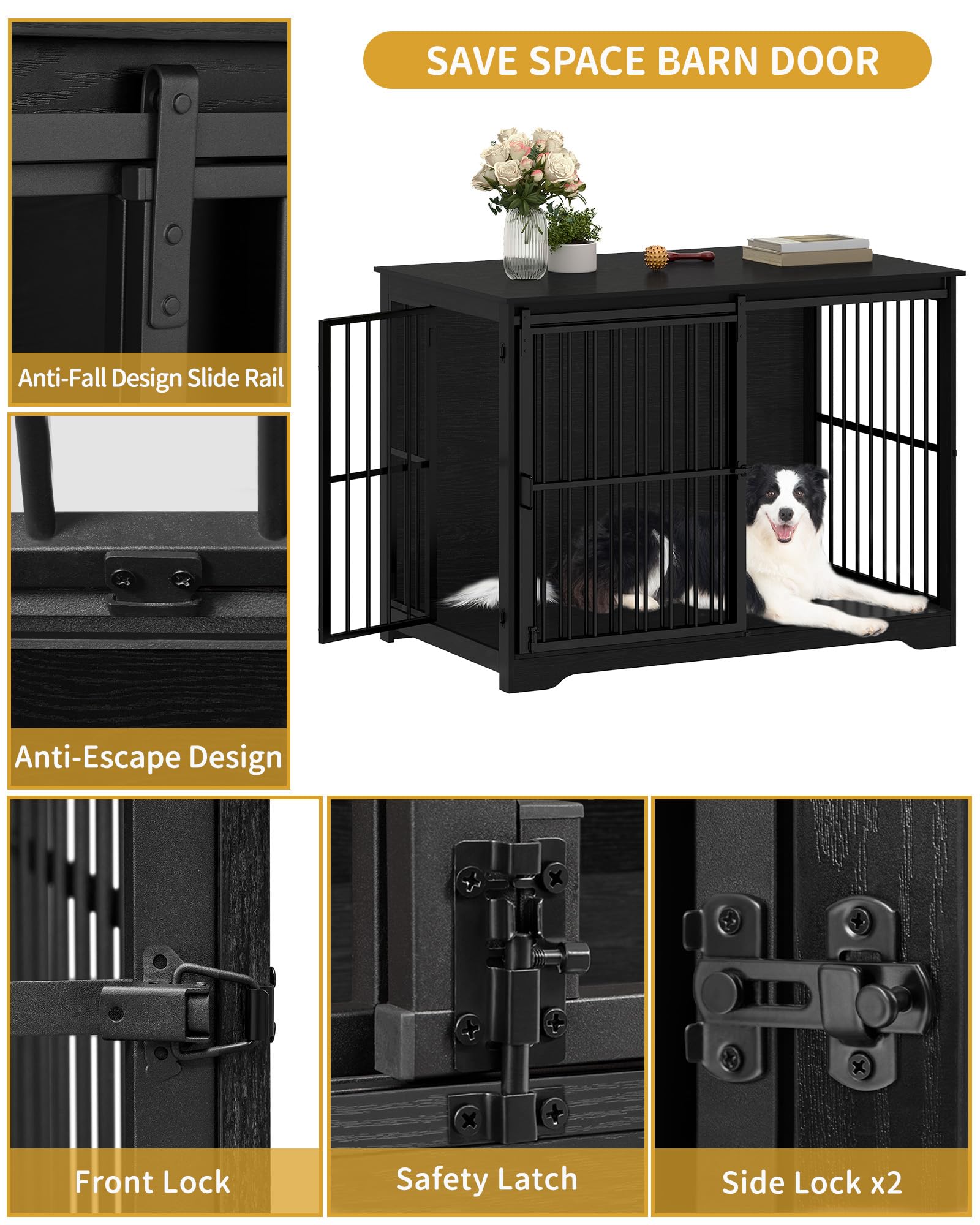 Hzuaneri XXL Large Dog Crate Furniture, 46.9" Indoor Dog Kennel Furniture with Barn Door, Wooden Tall Dog Crate, Heavy Duty Dog Cage for Large Dogs, Side End Table, Anti-Chew, Black DFC83804B