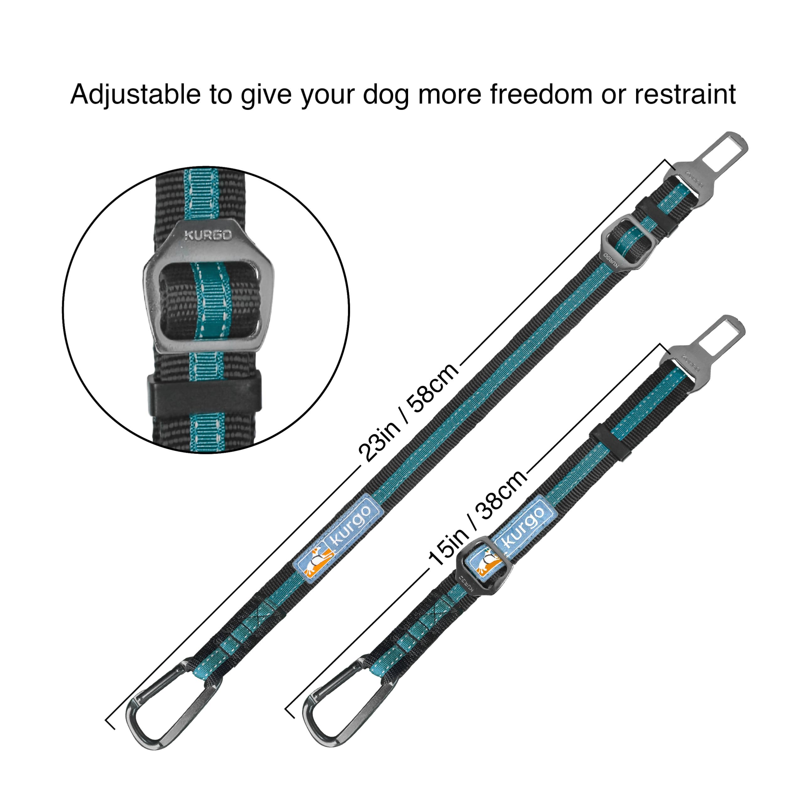 Kurgo Direct to Seatbelt Tether - Easy-Use Dog Car Harness Clip - Adjustable Ride Strap - Universal Fit for Most Vehicles - All Steel Hardware - Backseat Restraint - Coastal Blue