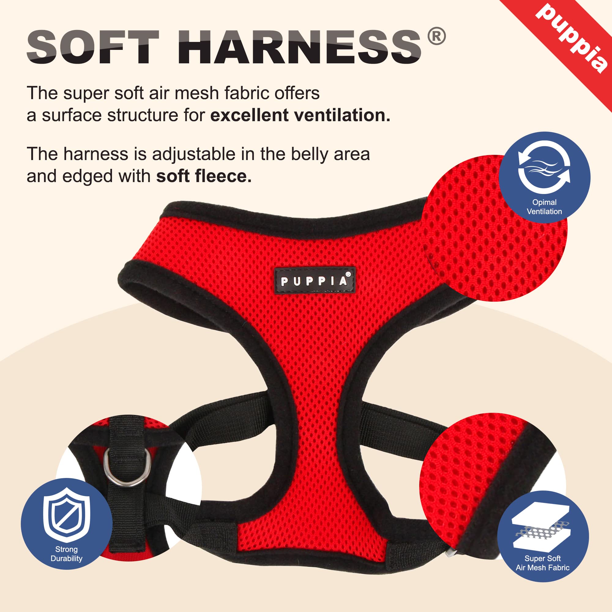 Puppia Soft Dog Harness No Choke Over-The-Head Triple Layered Breathable Mesh Adjustable Chest Belt and Quick-Release Buckle, Beige, Medium