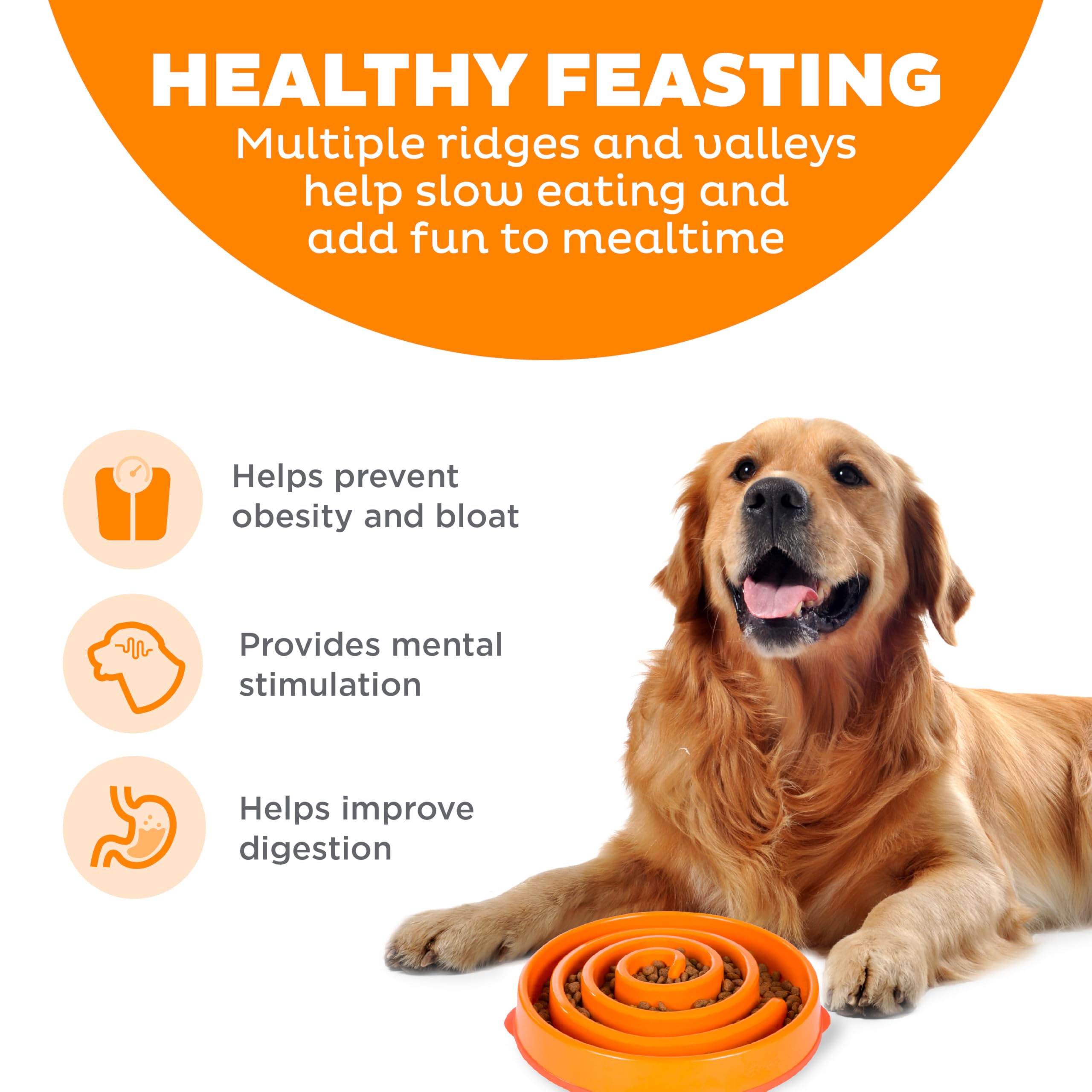 Outward Hound Fun Feeder Slo Bowl – Large 4‑Cup Capacity, Slow Feeding, Medium to Large Dogs, Non‑Slip, Orange, Swirl Pattern