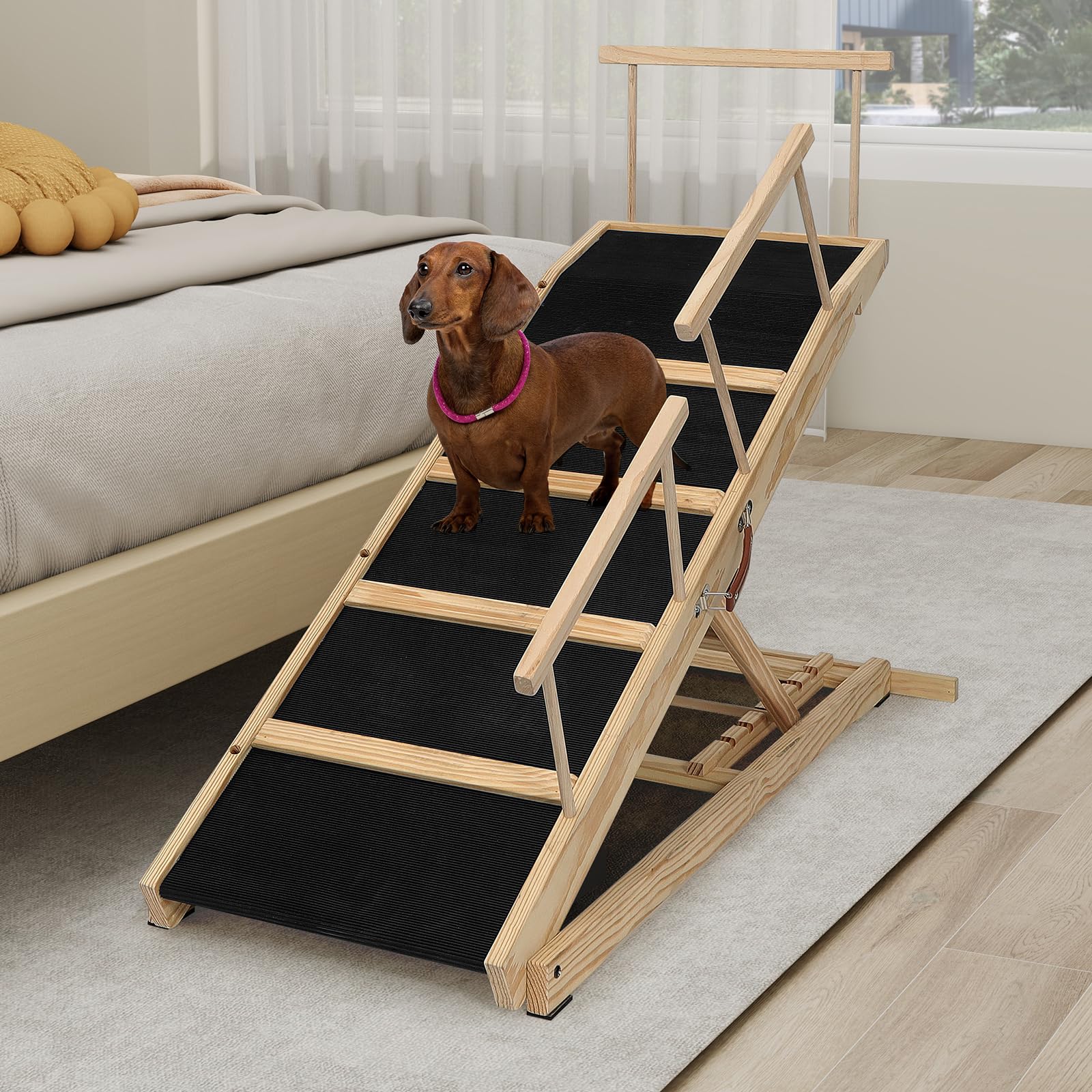 PANTAZO Dog Ramp for Bed PANTAZO Adjustable Ramps for Small Dogs to Get on Bed, Up to 28.5 Inches, 48'' Long,120lbs with Anti-Slip Grip & Safety Rail