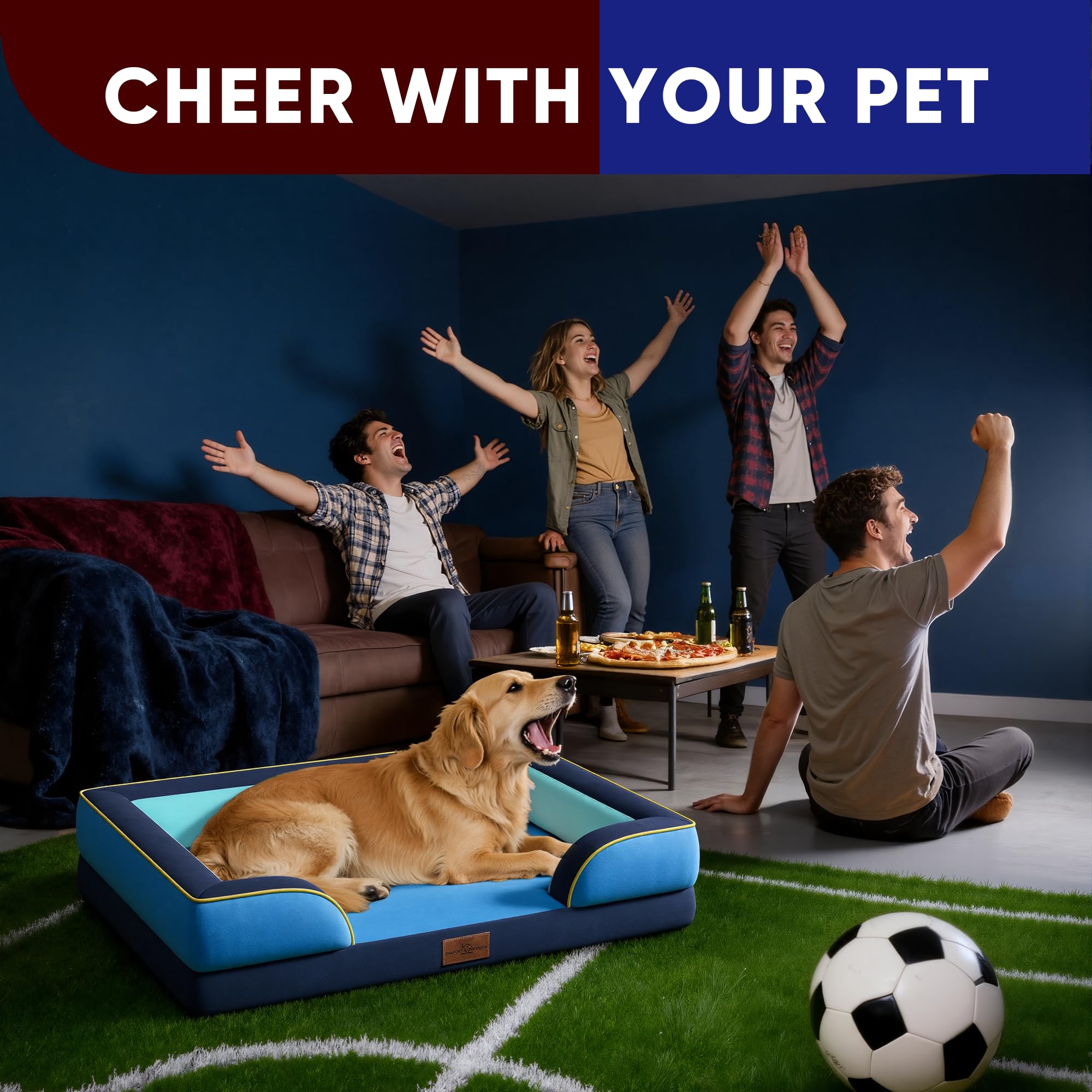 Comfort Expression Orthopedic Dog Bed for Extra Large Dogs 42x30 Inch, Waterproof Egg Crate Foam XL Pet Bed with Bolsters, Dog Couch with Washable Cover & Non-Slip Bottom, New Jersey