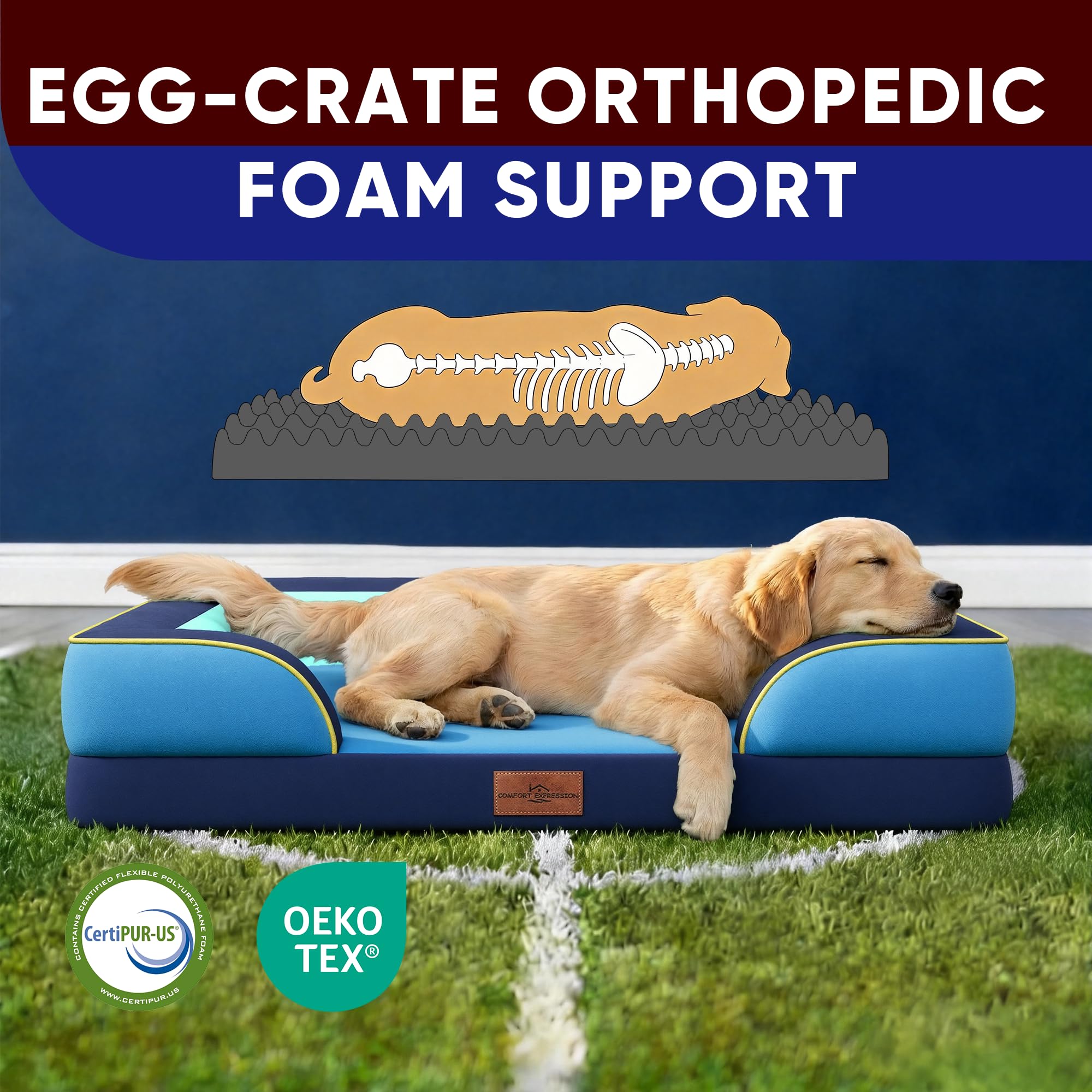 Comfort Expression Orthopedic Dog Bed for Extra Large Dogs 42x30 Inch, Waterproof Egg Crate Foam XL Pet Bed with Bolsters, Dog Couch with Washable Cover & Non-Slip Bottom, New Jersey