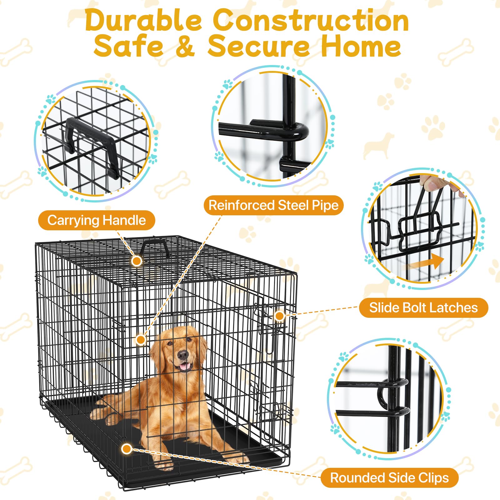 48 Inch Large Dog Crate, Wire Metal Dog Kennel with Double-Door, Divider & Leak-Proof Tray, Indoor Outdoor Foldable Travel Cage for Medium, Large Dogs