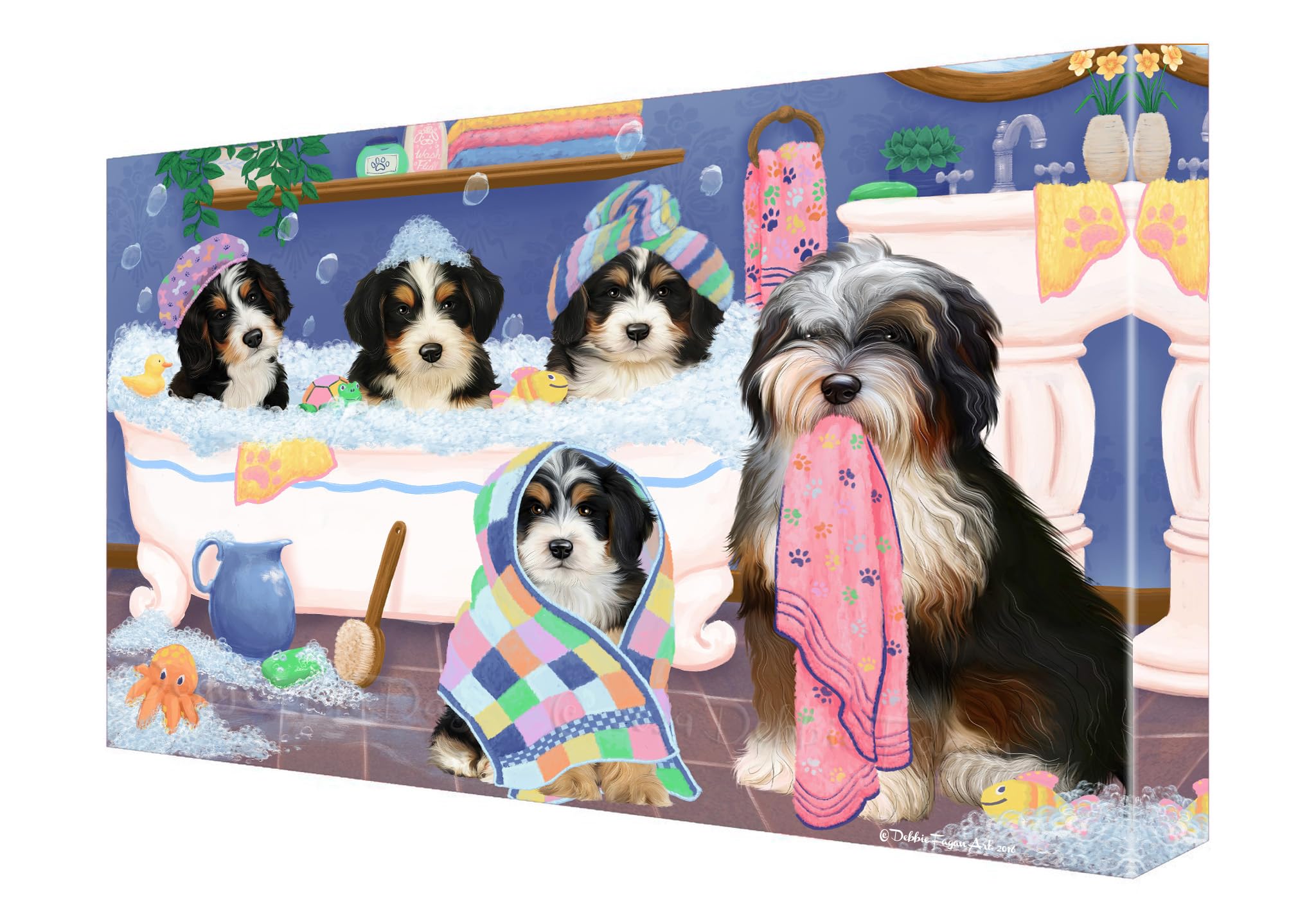 Doggie of the Day Rub A Dub Dogs In A Tub Bernedoodle Dog Canvas Wall Art - Premium Quality Ready to Hang Room Decor Wall Art Canvas - Unique Animal Printed Digital Painting for Decoration - 12"x12"