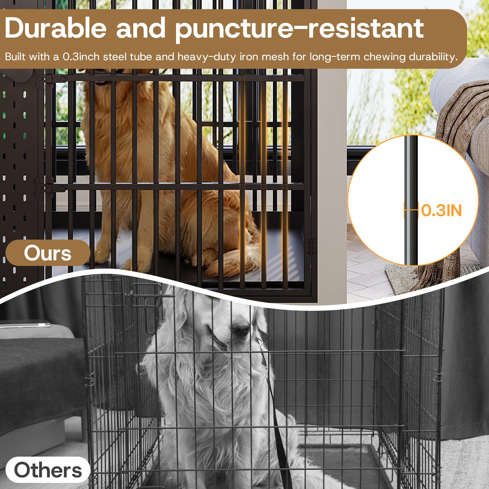 HOTAMO 45" Dog Crate Furniture for Large Dogs, Heavy Duty Wooden Indoor Dog Kennel with 360° Rotating Bowls, 3 Drawers, Name Plate, Pull-Out Tray, Farmhouse End Table, White & Walnut