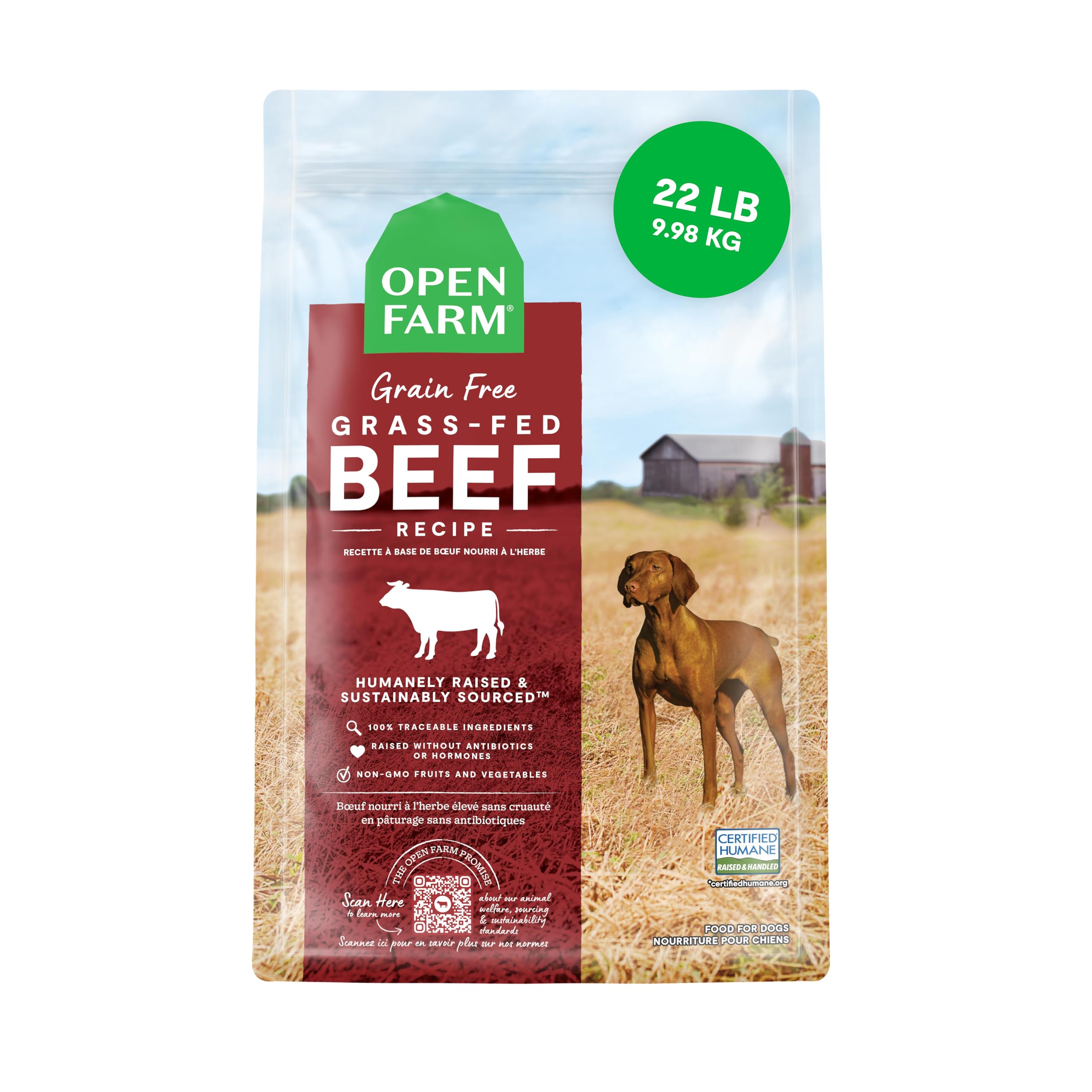 Open Farm, Grain-Free Dry Dog Food, Complete & Balanced Kibble, Sustainably & Ethically Sourced Ingredients, Non-GMO Veggies & Superfoods to Support Overall Health, Grass-Fed Beef Recipe, 22lb Bag