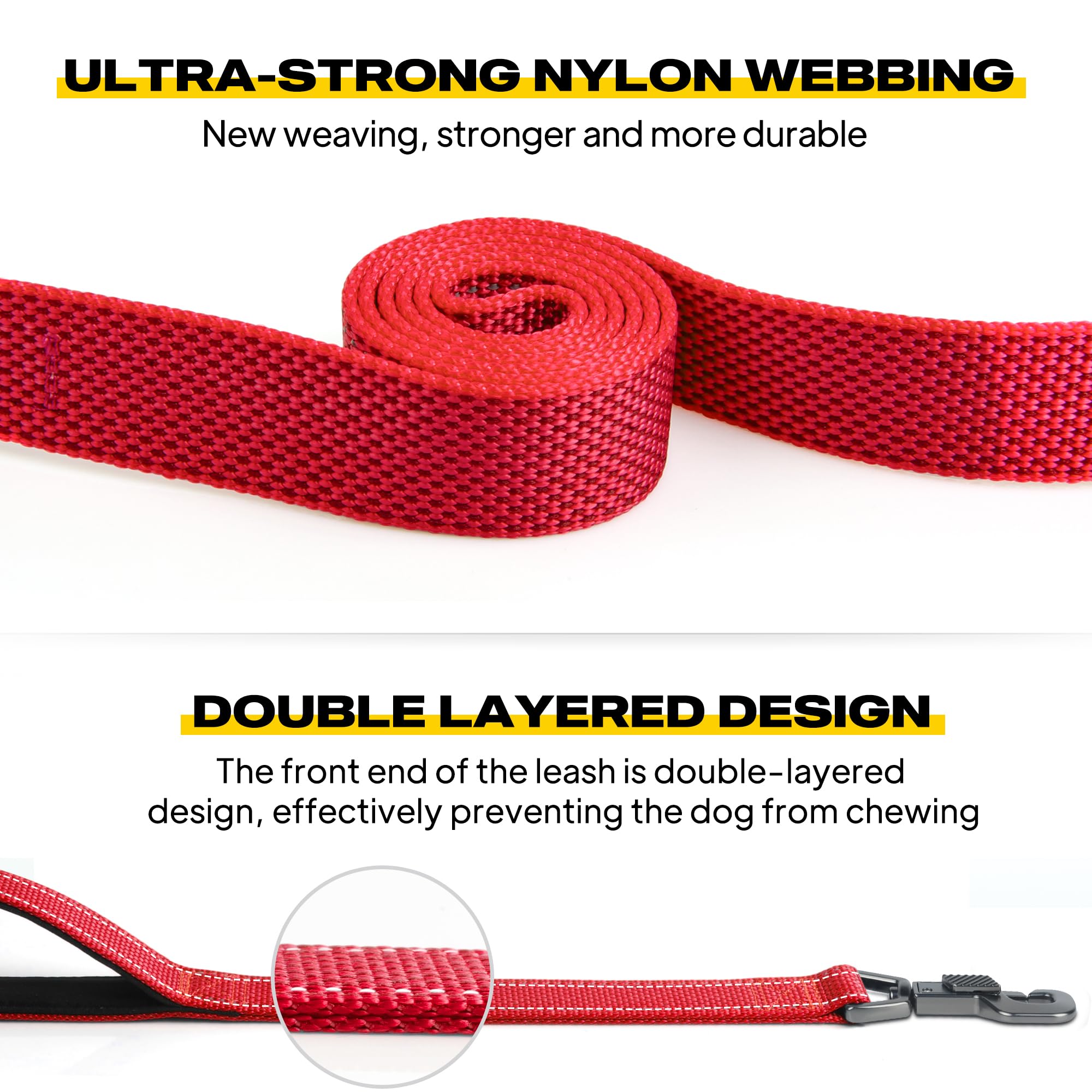 Fida 6 FT Heavy Duty Dog Leash with 2 Comfortable Padded Handles, Traffic Handle & Advanced Easy Snap Hook, Reflective Walking Lead for Large, Medium & Small Breed, Red