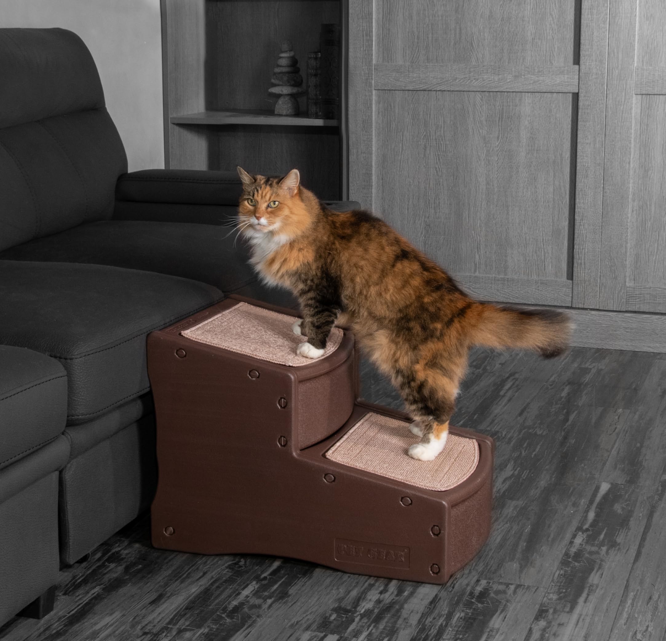 Pet Gear Easy Step II Pet Stairs, 2 Step for Cats/Dogs up to 150 Pounds, Portable, Removable Washable Carpet Tread, No Tools Required, Espresso
