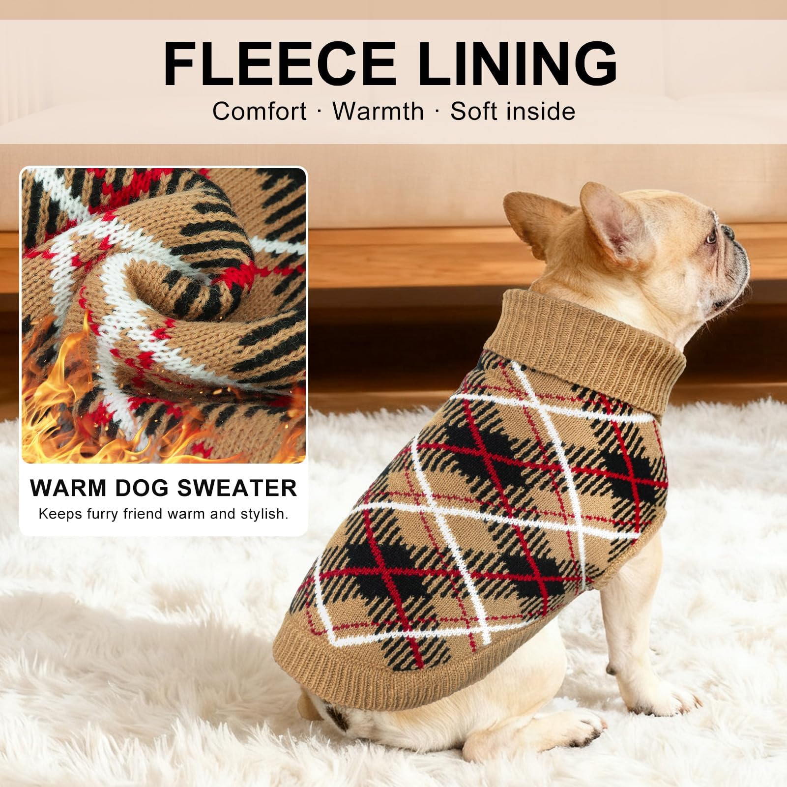 BEAUTYZOO Dog Sweater for Large Dogs, Fleece Dog Knitted Pullover Sweater for Girls Boys, Fall Winter Warm Soft Turtleneck Puppy Clothes Apparel, Cold Weather Knitwear with Leash Hole, Beige L