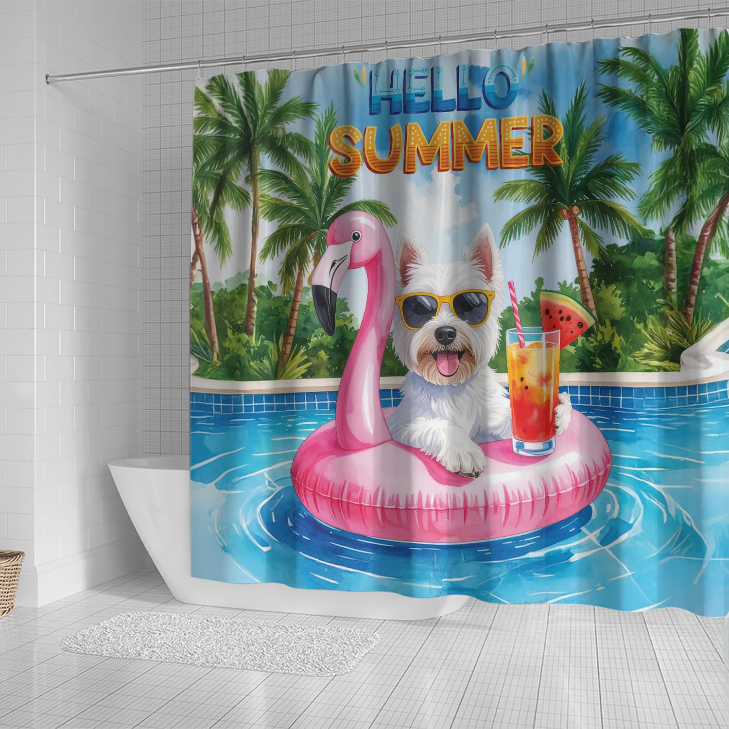 Ninety3POD Hello Summer West Highland White Terrier at Swimming Pool Flamingo Swim Ring Shower Curtain Westie Westy Dog Lover Waterproof Bathroom Bathtub Curtain 12009