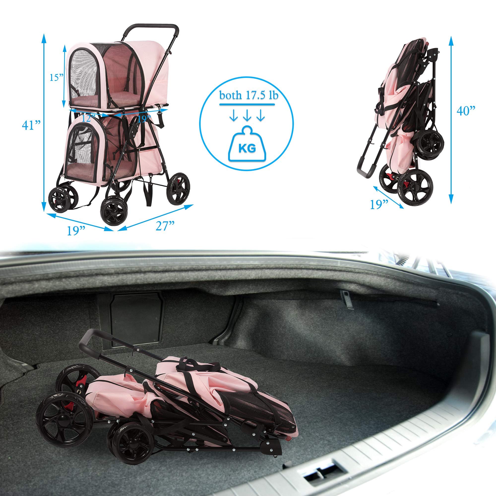 LONABR Folding Dog Stroller 3-in-1 Double Pet Stroller Detachable Carrier Bags - Large 4 Wheels Jogger - for Pet Cat Kitten Puppy Carriages(Pink - 2 cage)