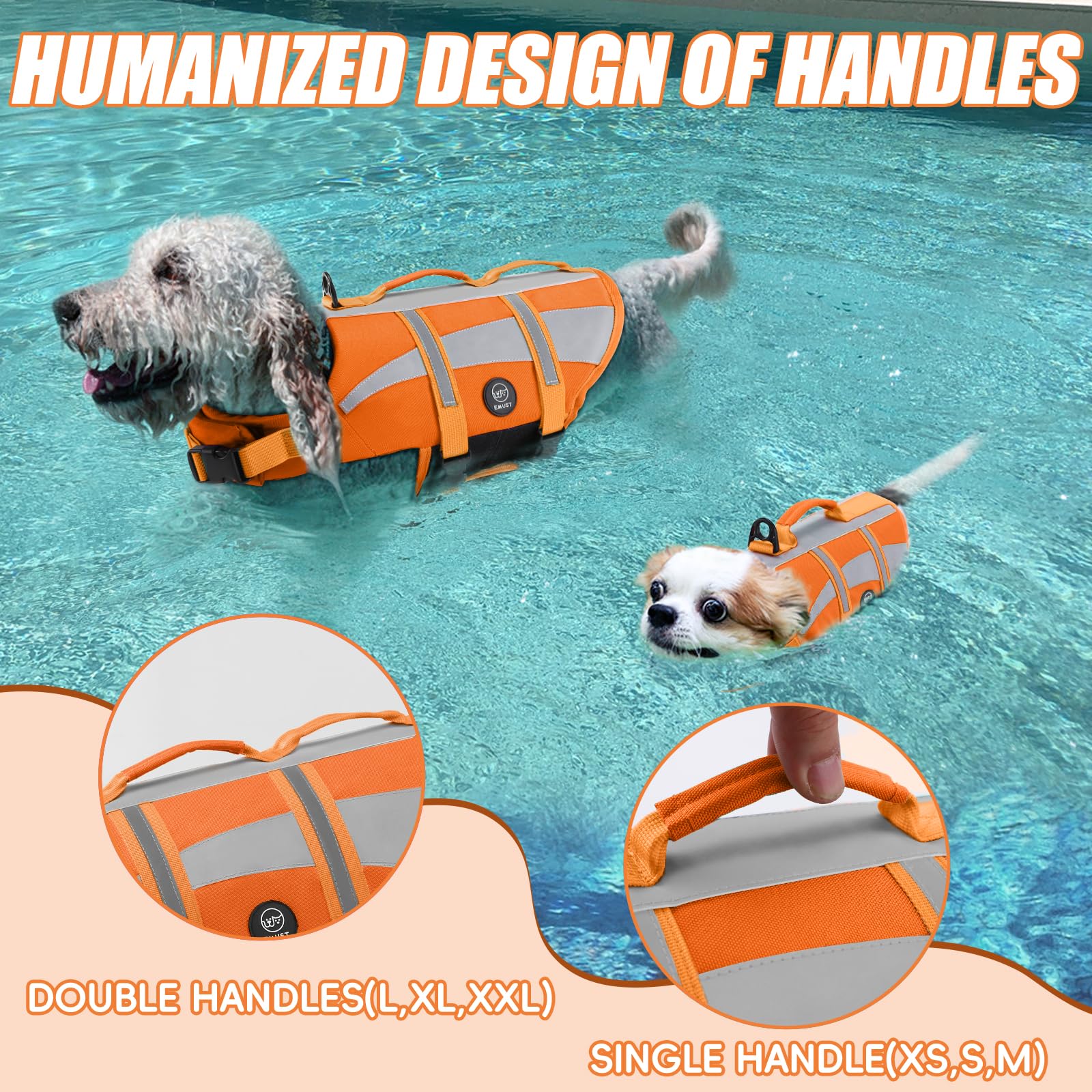 EMUST Life Vests for Dogs, Lightweight Small/Medium/Large Dog Life Preserver, XL Dog Life Jacket for Swimming/Boat/Water, Life Jacket for Large Dogs, NewOrange, XL