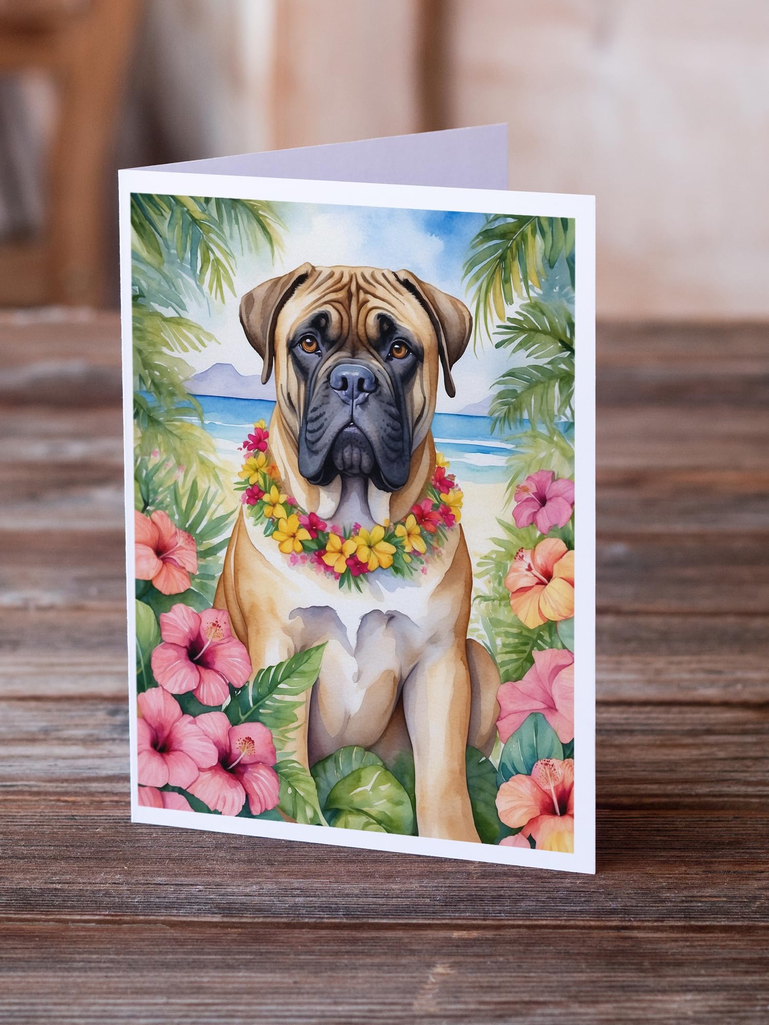 Caroline's Treasures Bullmastiff Luau Greeting Cards Pack of 8 Blank Cards with Envelopes Whimsical A7 Size 5x7 Blank Note Cards