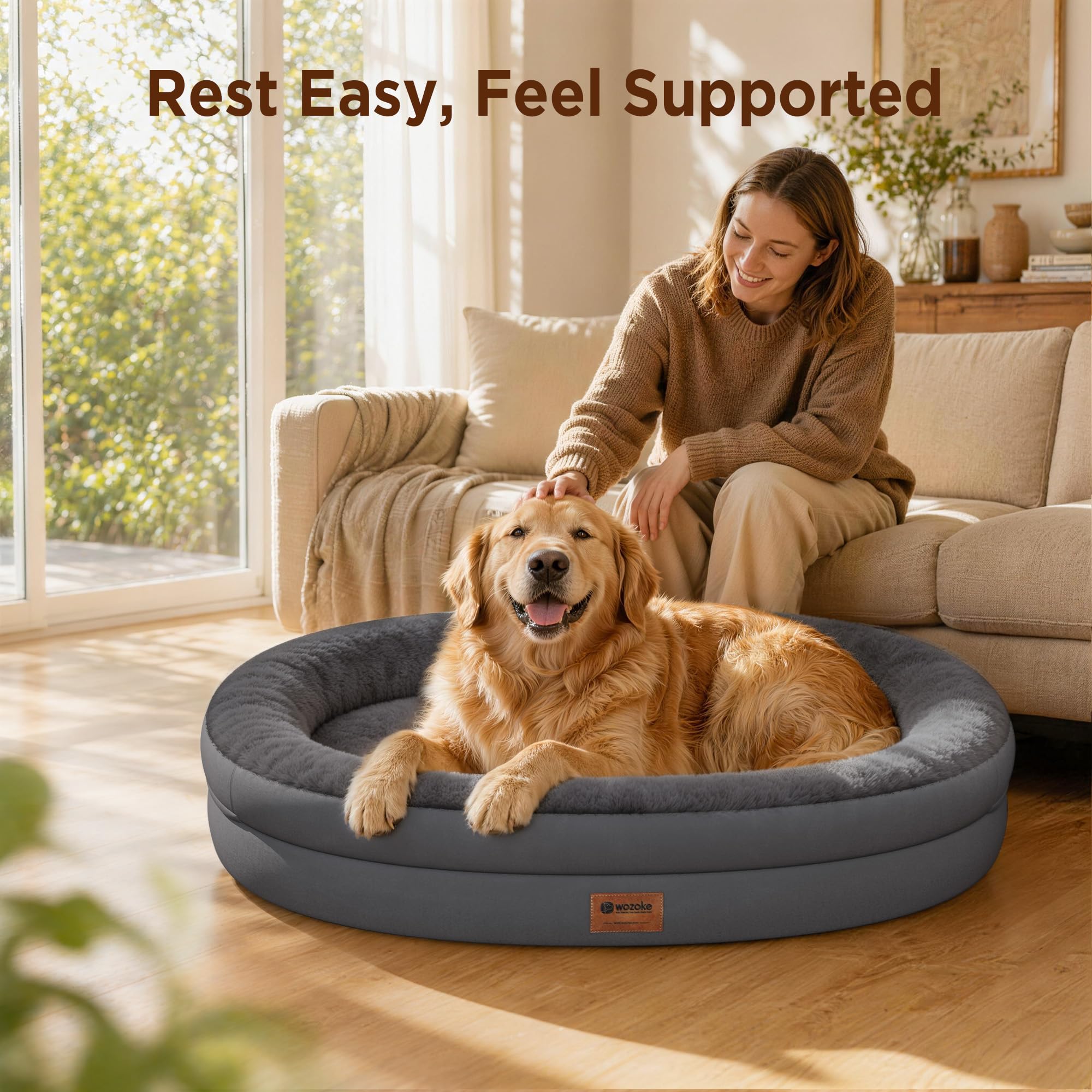 WOZOKE Orthopedic Dog Bed for Large Dogs, Waterproof Dog Bed for Large Size Dogs with Bolsters, Egg Crate Foam Sofa Bed with Washable Removable Cover & Non-Slip Bottom, Dark Grey