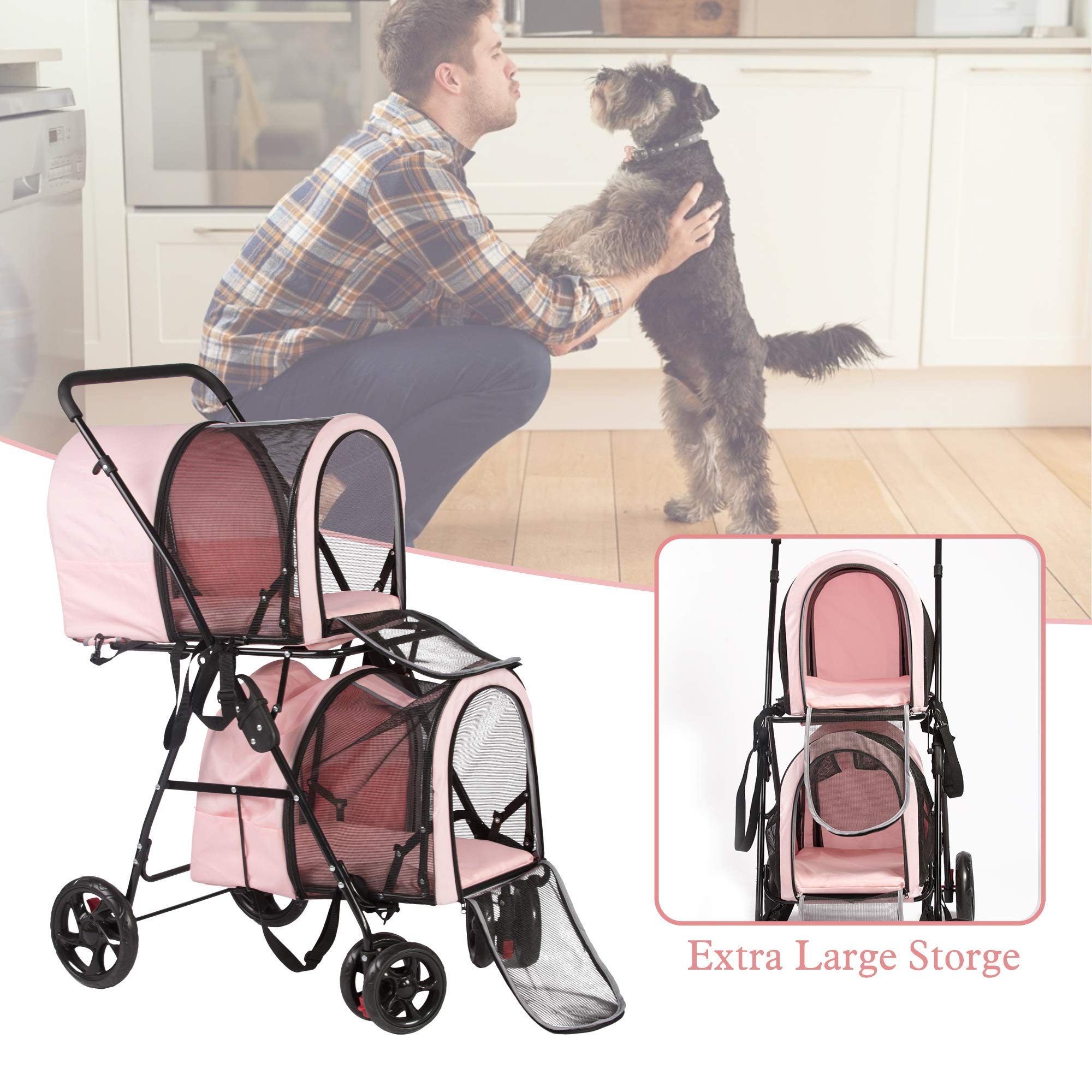 LONABR Folding Dog Stroller 3-in-1 Double Pet Stroller Detachable Carrier Bags - Large 4 Wheels Jogger - for Pet Cat Kitten Puppy Carriages(Pink - 2 cage)