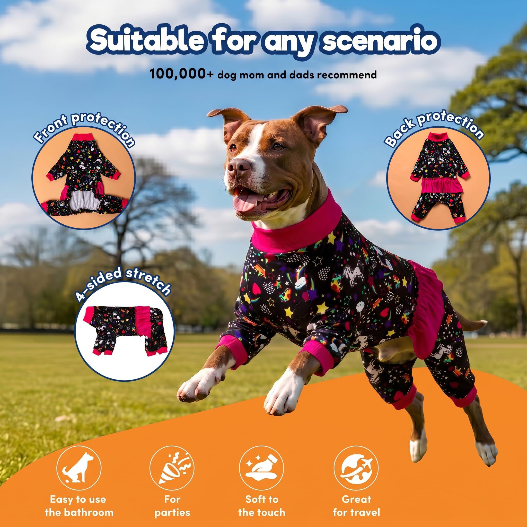 LovinPet Large Breed Dog Pajamas, Wound Care/Post Surgery Recovery Shirt for Large Dogs, Unicorn and Rainbow Black Print, Stop Shedding for Dogs, Pitbull Clothes, Bodysuit Dog Jammies, 2XL