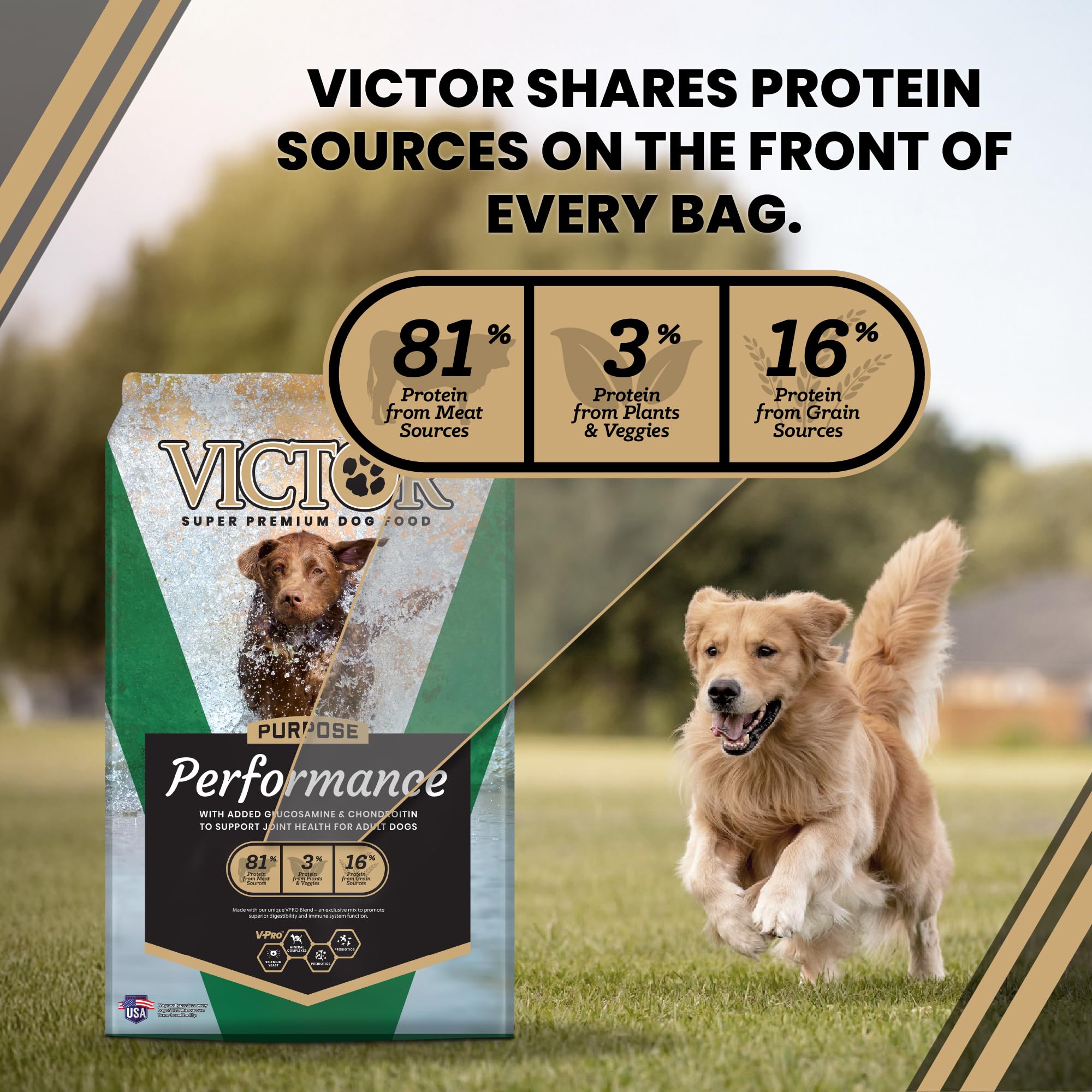 VICTOR Super Premium Dog Food – Performance Dry Dog Food from Beef, Chicken and Pork Meal – 26% Protein for Active Adult Dogs – Includes Glucosamine and Chondroitin for Hip and Joint Health, 40lbs