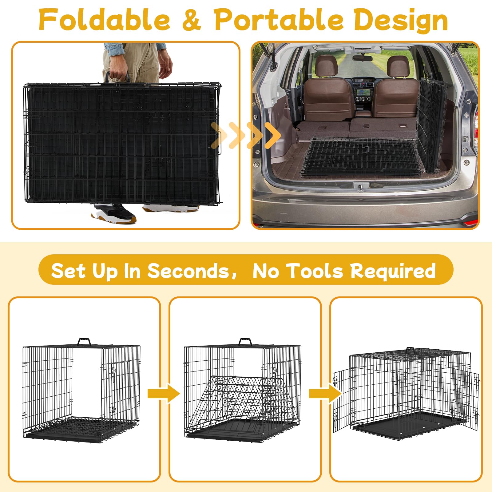 48 Inch Large Dog Crate, Wire Metal Dog Kennel with Double-Door, Divider & Leak-Proof Tray, Indoor Outdoor Foldable Travel Cage for Medium, Large Dogs