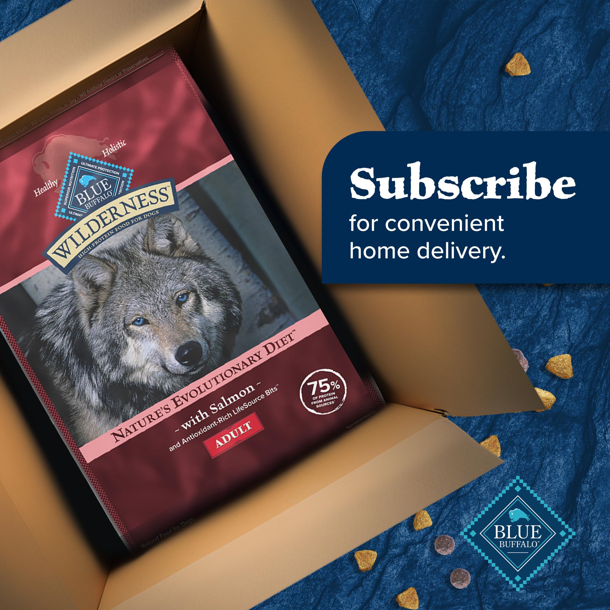 Blue Buffalo Wilderness Natural High-Protein Dry Food for Adult Dogs, with Wholesome Grains, Salmon, 24-lb. Bag