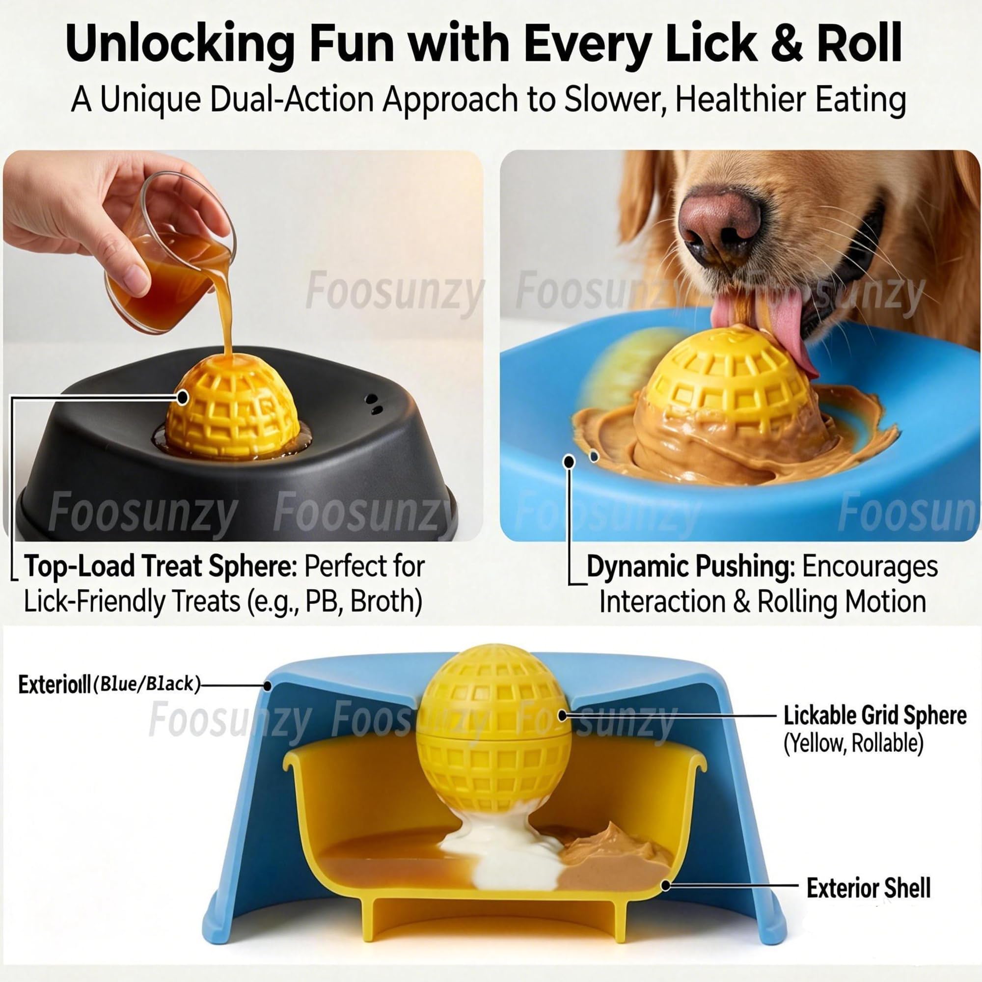 Slow Feeder Dog Bowls for Liquid Treats with Rolling Ball, Interactive Dog Lick Bowl for Bone Broth, Yogurt & Wet Food, Anti-Slip Lick Toy for Anxiety Relief & Post-Op Nutrition (1, Blue)