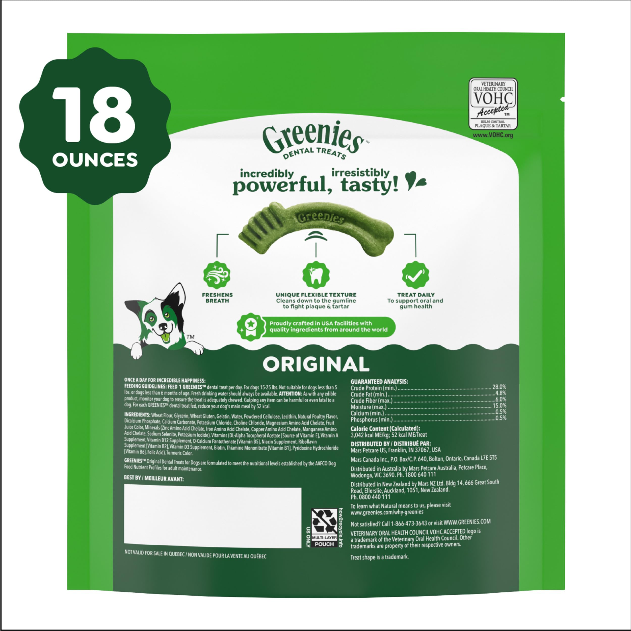 Greenies Veterinarian-Recommended Adult Natural Dental Dog Treats Petite Size, Original Flavor, 18 oz. Pack, 30 Count