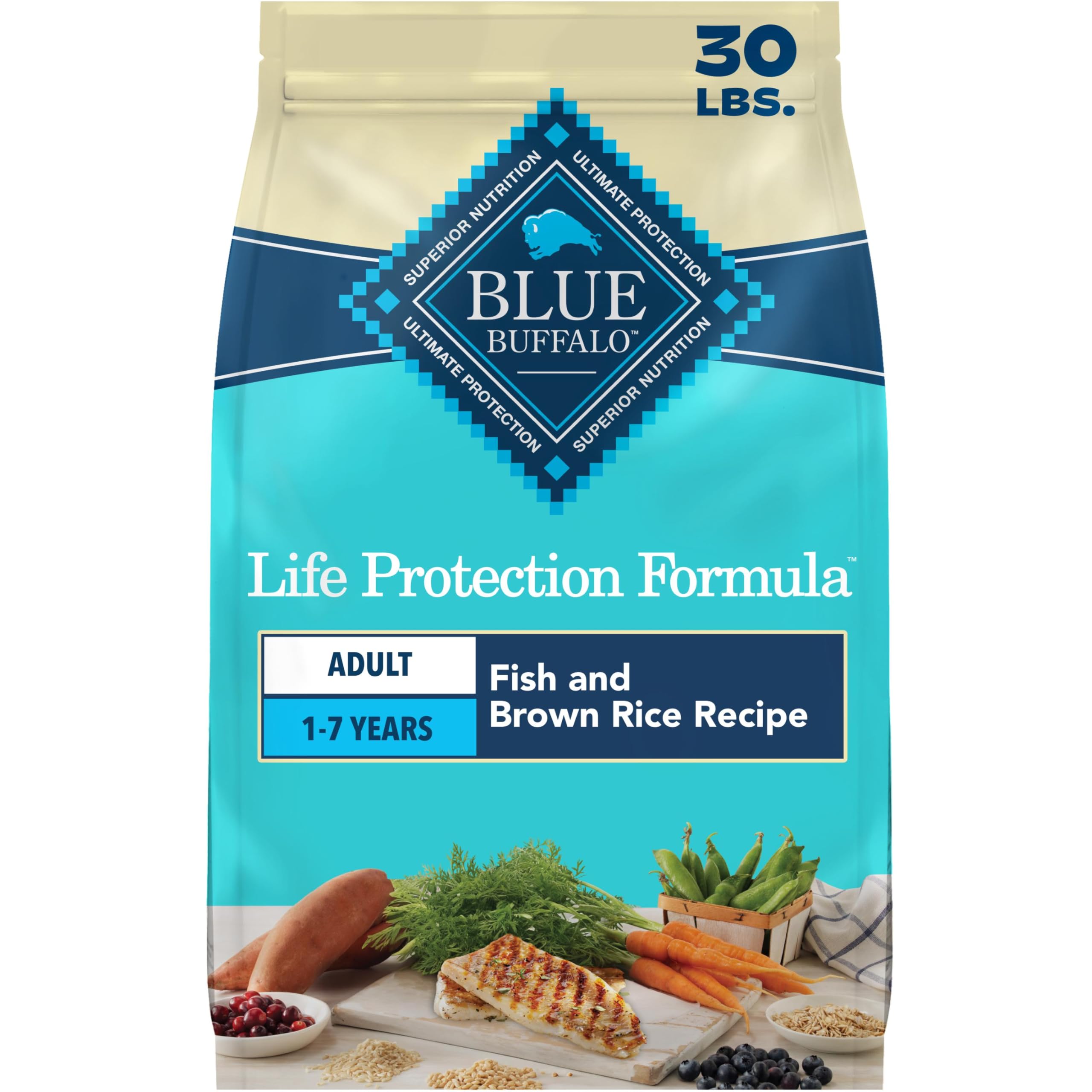 Blue Buffalo Life Protection Formula Fish & Brown Rice Adult Dry Dog Food, Supports Immunity with Antioxidant-Rich LifeSource Bits, Promotes Healthy Muscle Development, Skin & Coat Health, 30 lbs.