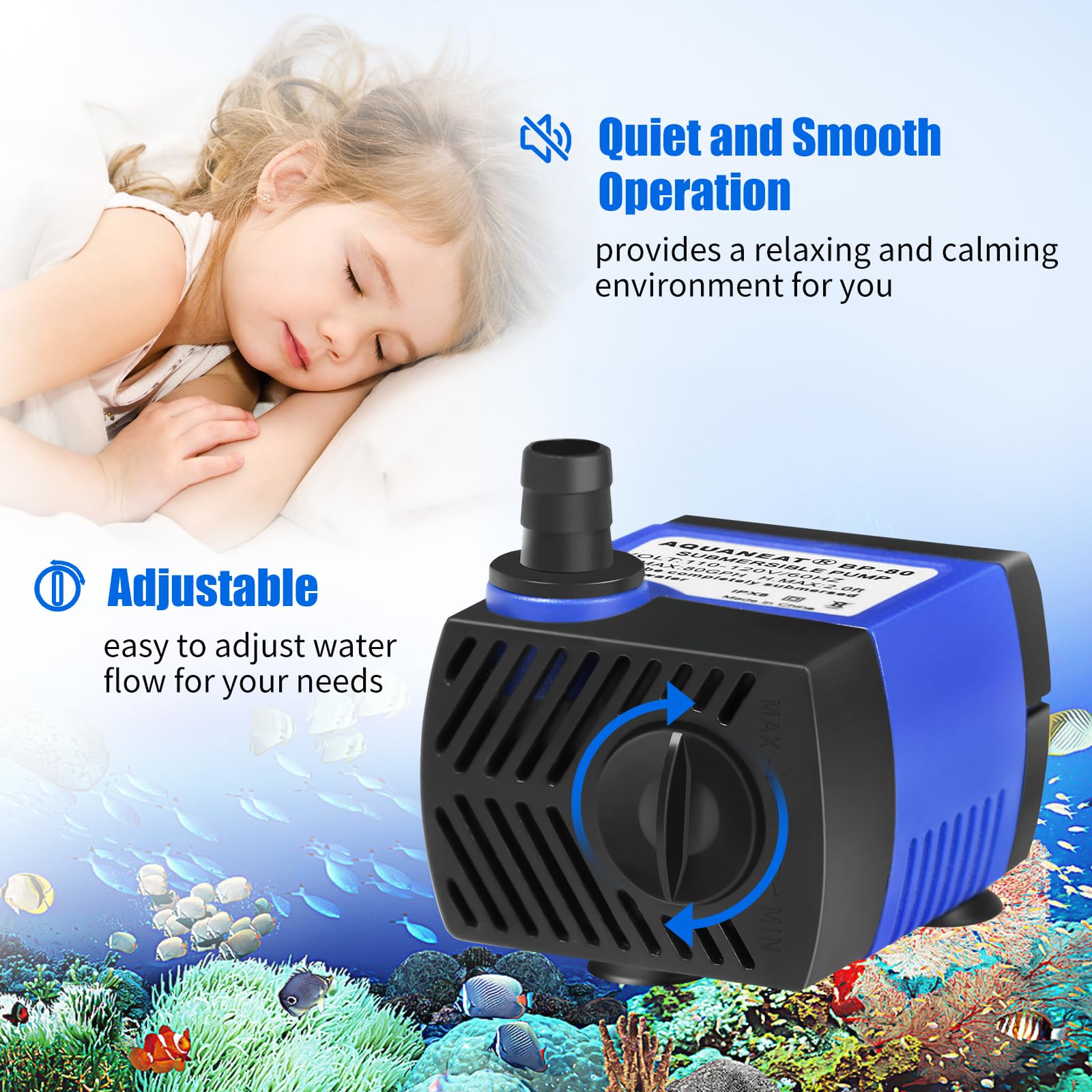 AQUANEAT Small Fountain Pump, 80 GPH Submersible Water Pump for Aquarium Fish Tank, Outdoor Water Fountain, Hydroponics, Pond Filter Pump