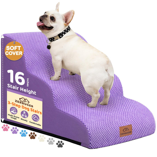 Zerbuger Dog Ramp and Stair for Bed 16" H-20 H,3-Step Cat Stair for Sofa and Chair,4-Step Dog Ramp for High Bed and Window,Durable Nonslip Fabric Stair for Indoor (Purple-16 H, Pet Friendly, 3)