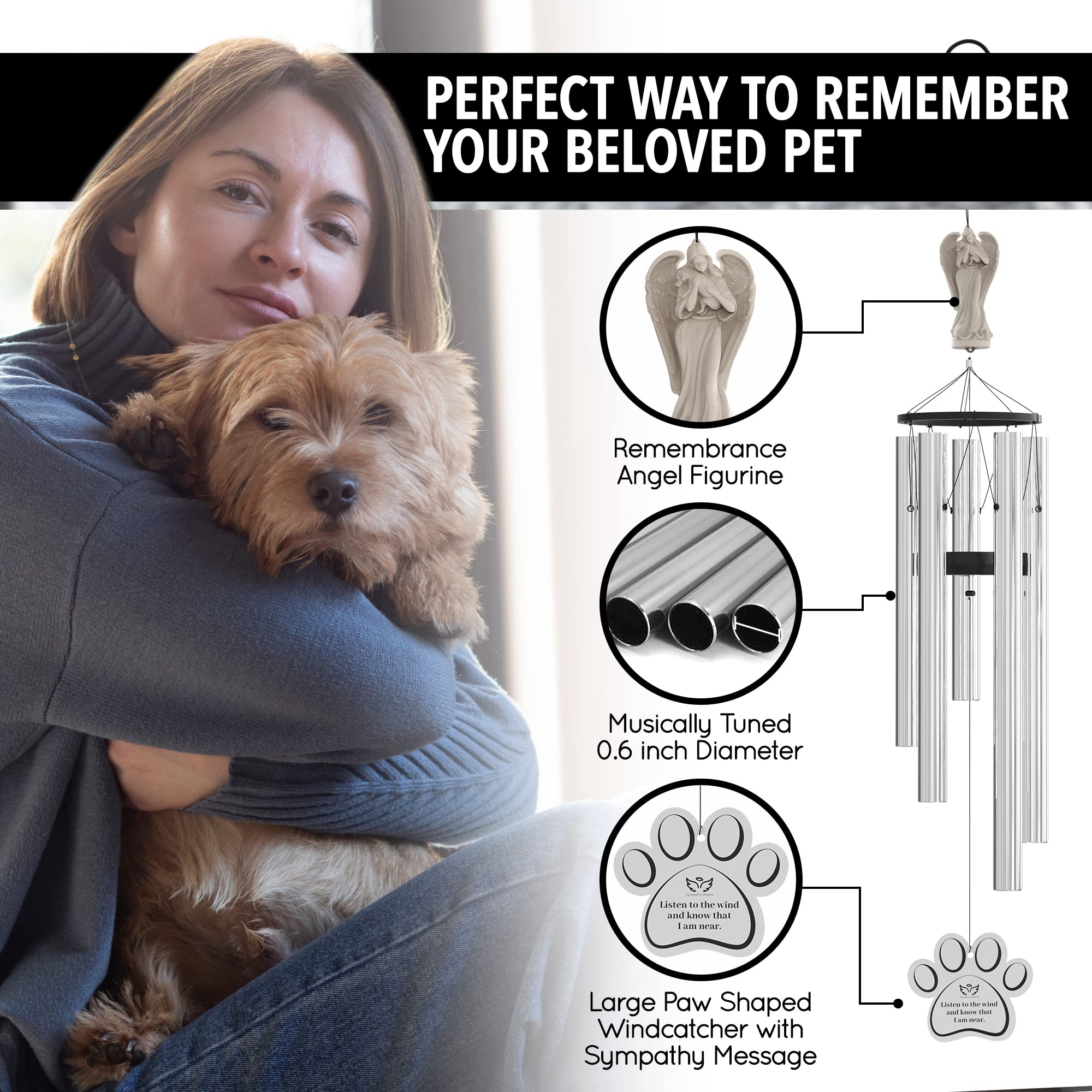 Dog Memorial Gifts for Loss of Dog - 34" Pet Memorial Wind Chimes, in Memory Sympathy Gift, Remembrance Bereavement, Passing Away Rainbow Bridge Windchime