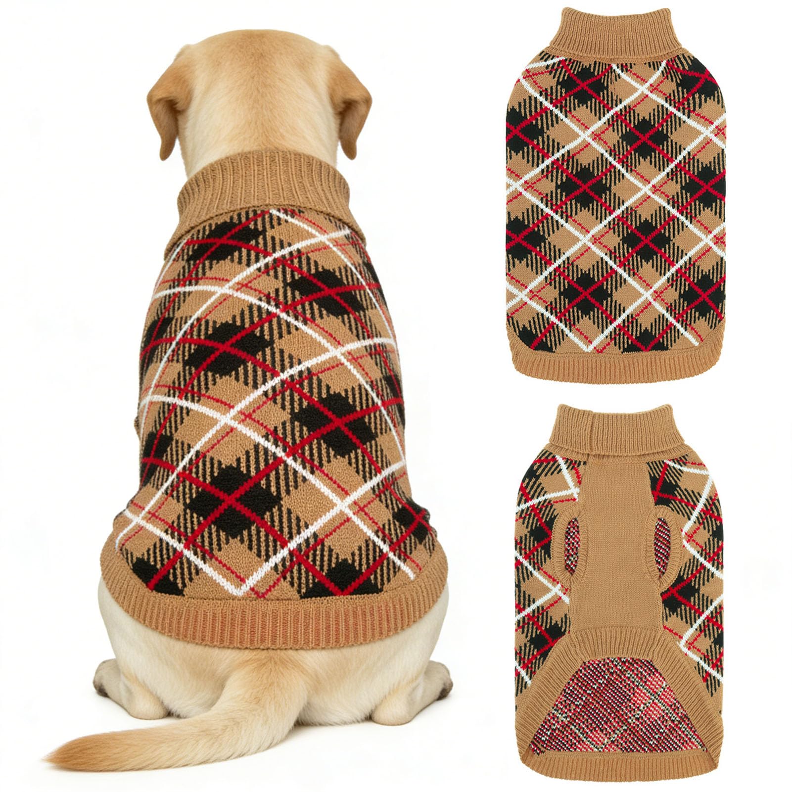 BEAUTYZOO Dog Sweater for Large Dogs, Fleece Dog Knitted Pullover Sweater for Girls Boys, Fall Winter Warm Soft Turtleneck Puppy Clothes Apparel, Cold Weather Knitwear with Leash Hole, Beige L
