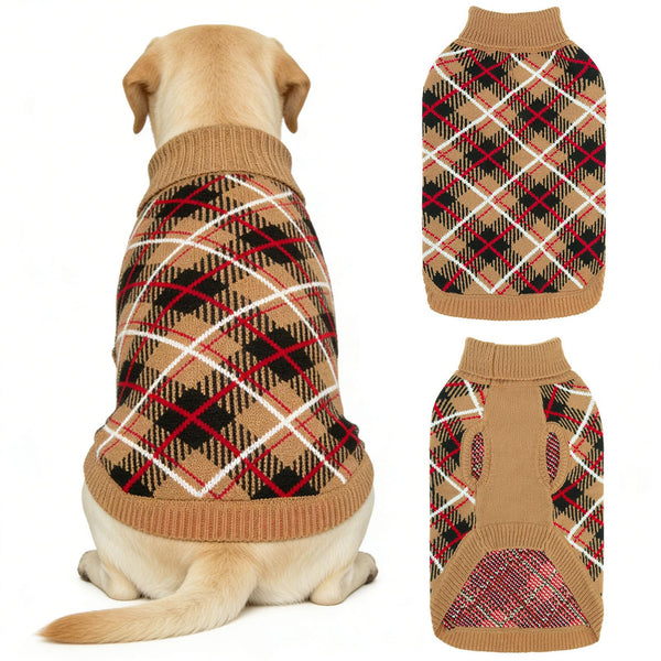 BEAUTYZOO Dog Sweater for Large Dogs, Fleece Dog Knitted Pullover Sweater for Girls Boys, Fall Winter Warm Soft Turtleneck Puppy Clothes Apparel, Cold Weather Knitwear with Leash Hole, Beige L